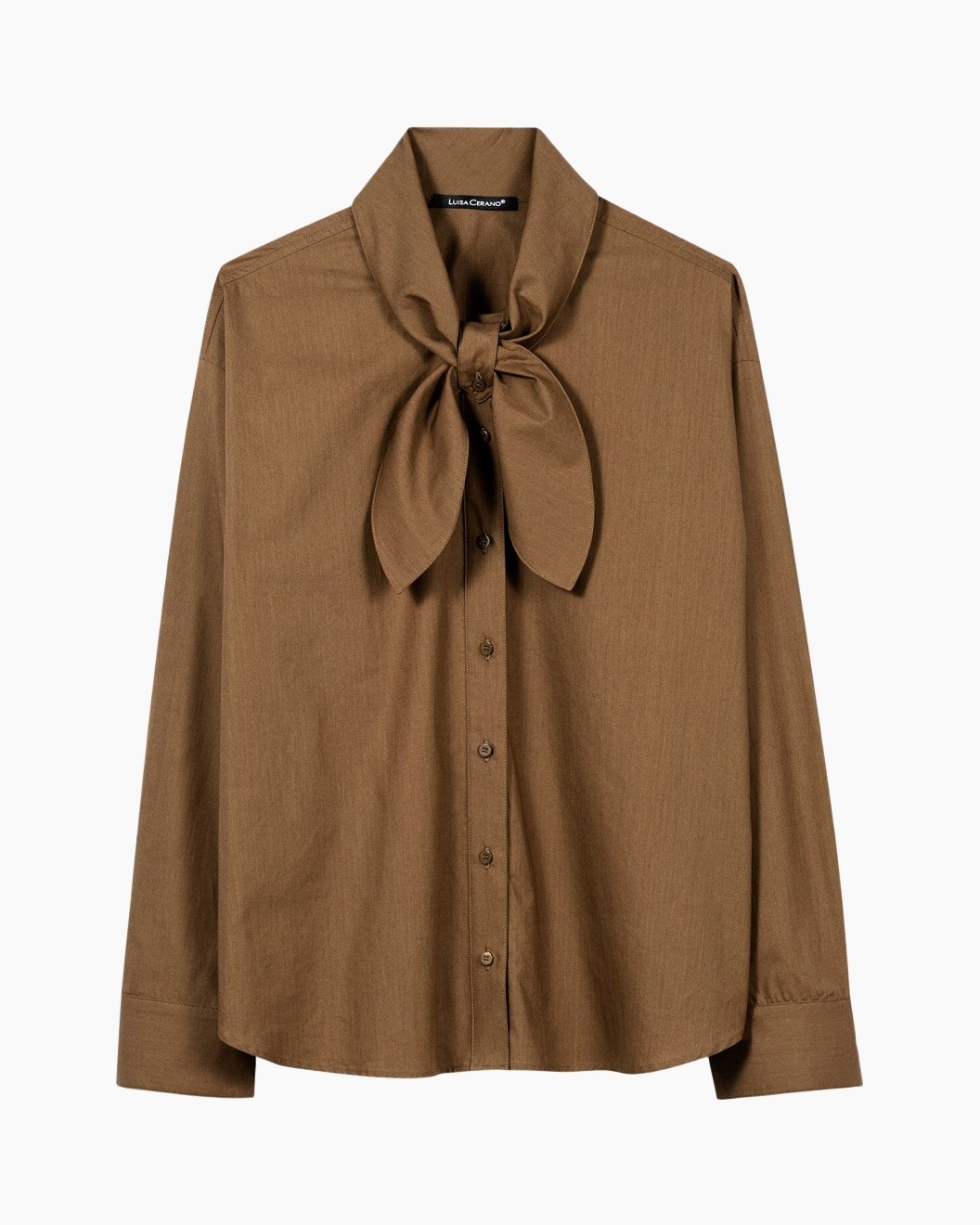 knopsluiter, bruin, blouse, mouwstrik, lange mouw