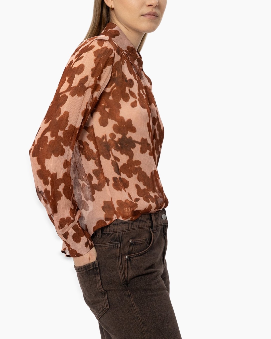 blouse, paisley, semi-transparent, lange mouw, roze-bruin