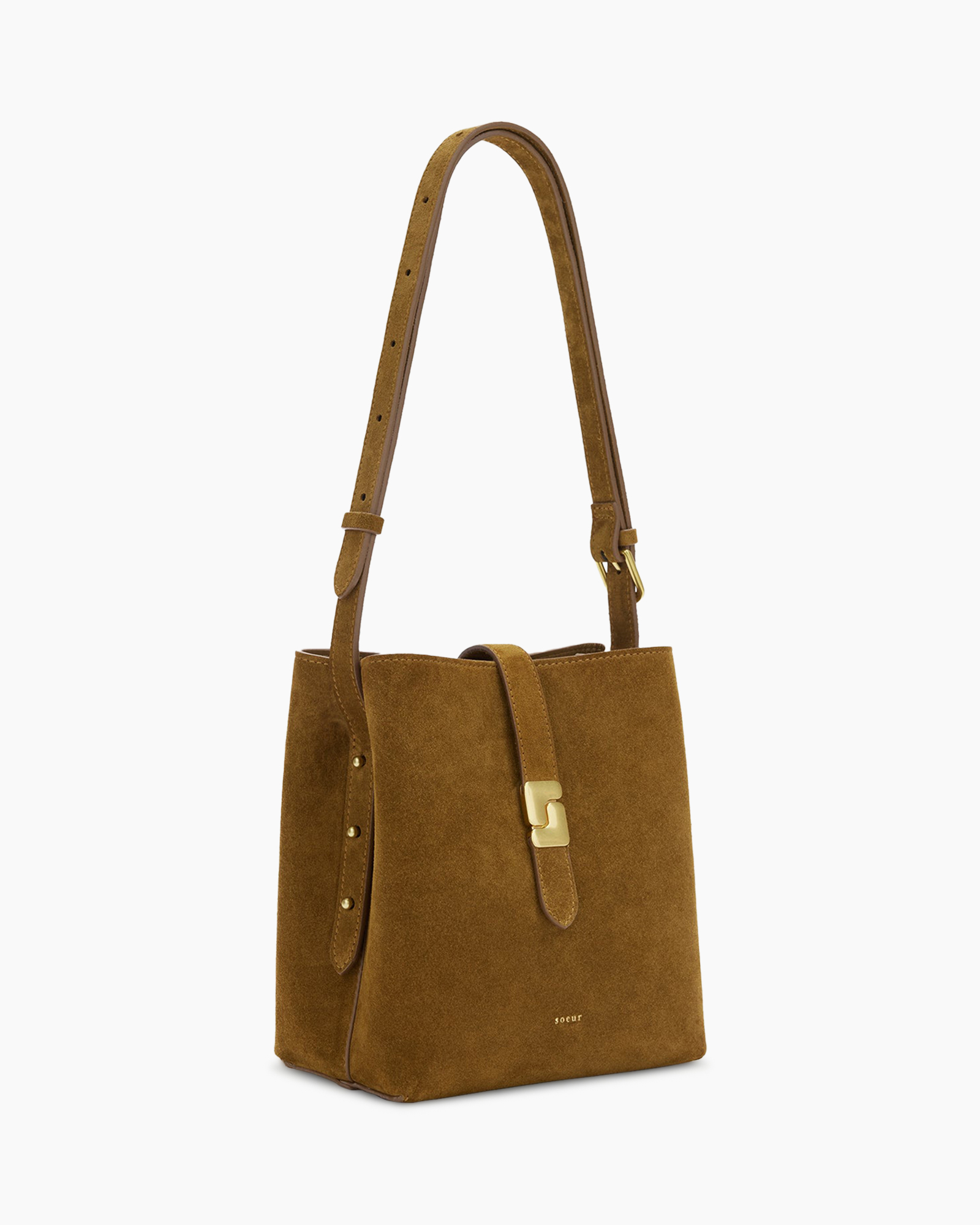 tas, schoudertas, suède, bruin, metaalklemmen