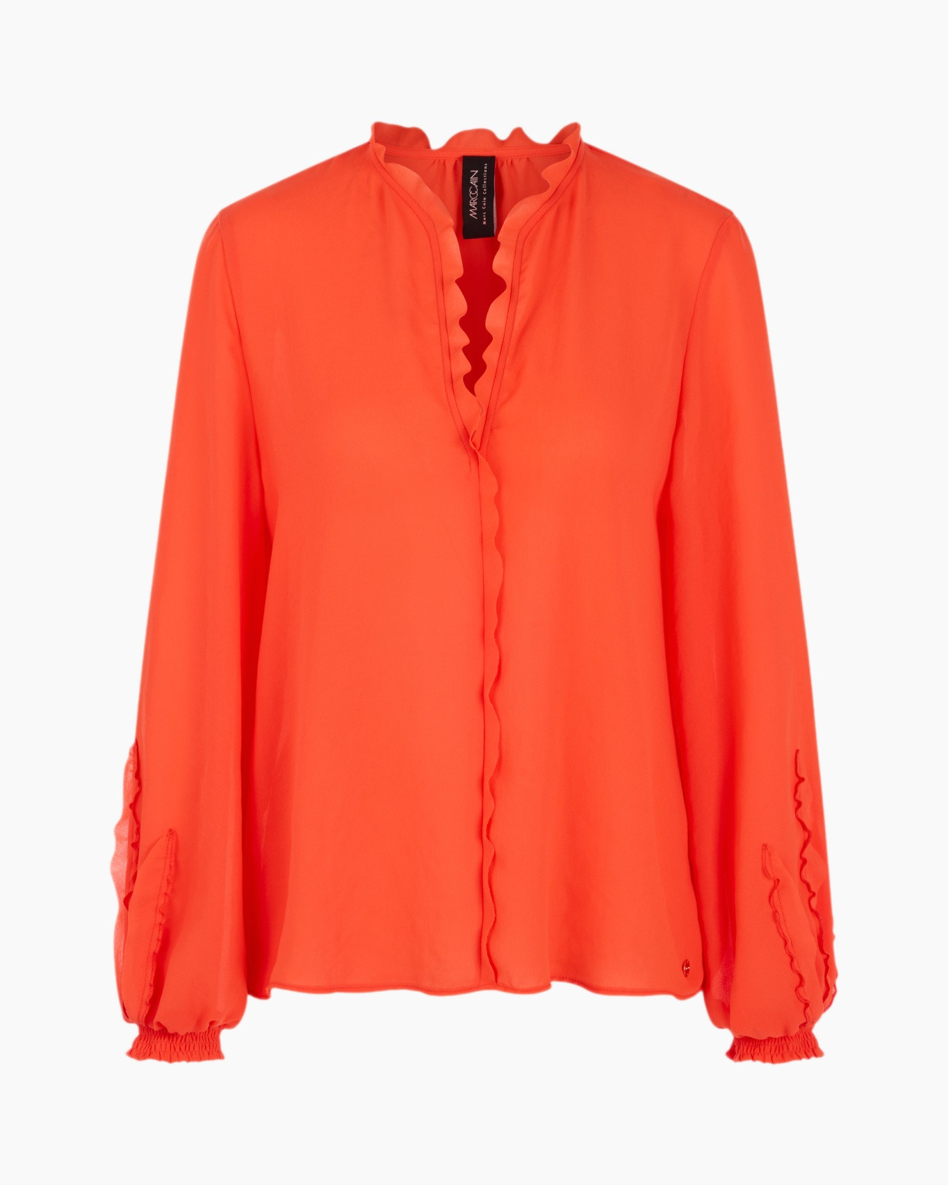 blouse, oranje, lange mouwen, franje, knopenloze opening