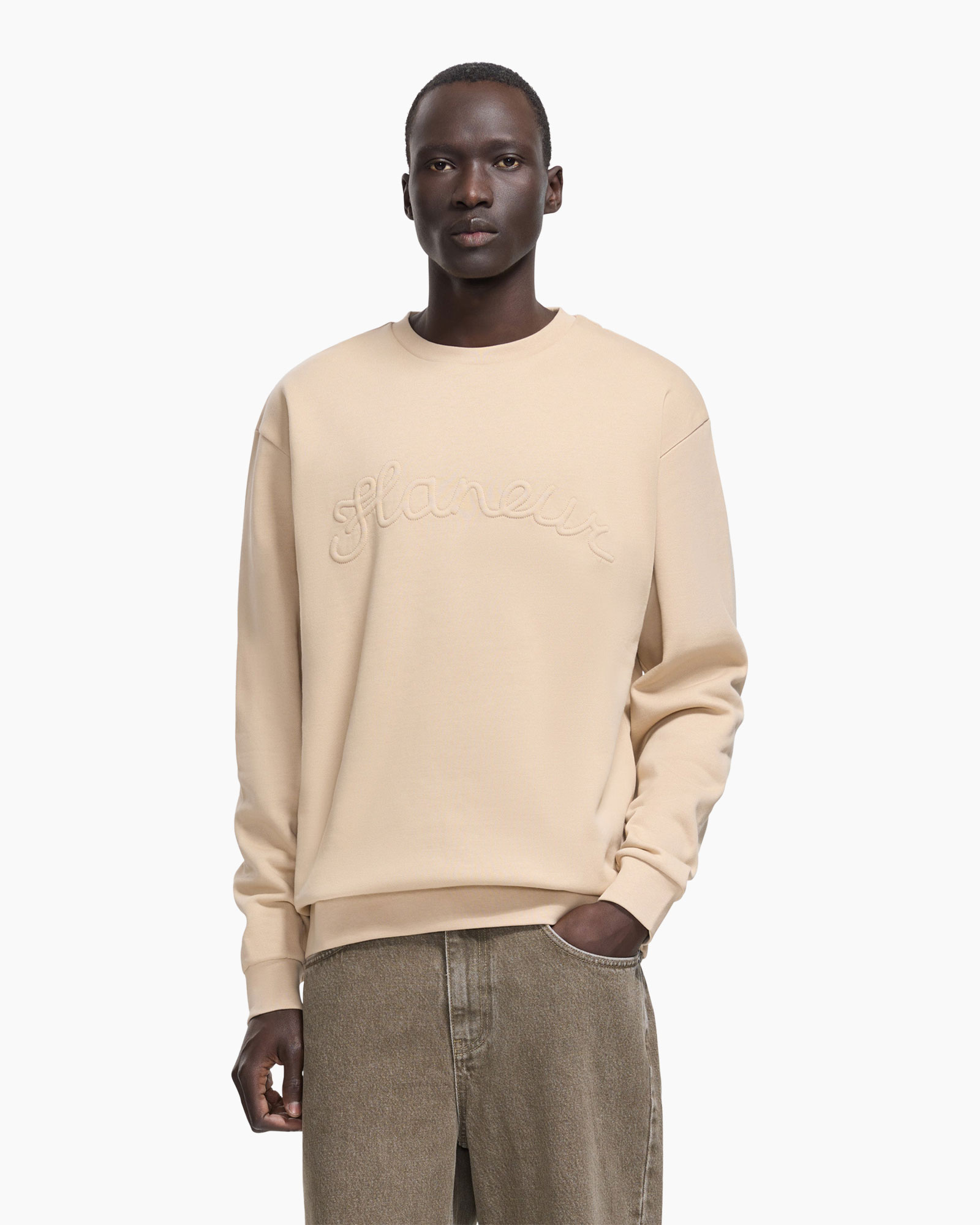 sweatshirt, beige, crewneck, opgeslagen logo, lange mouwen