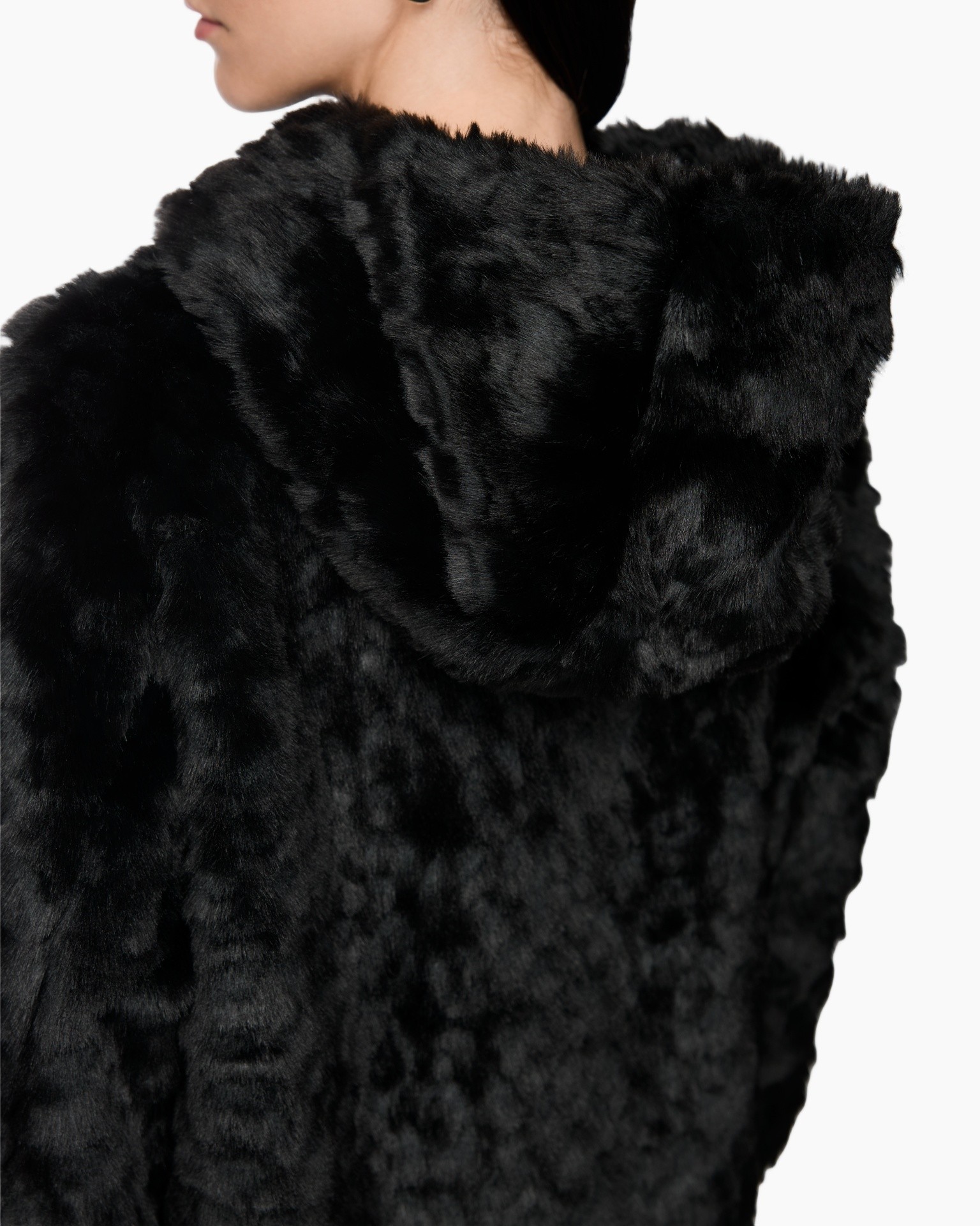 mantel van vacht, zwart, kap, synthetische vacht, jas/coat textuur