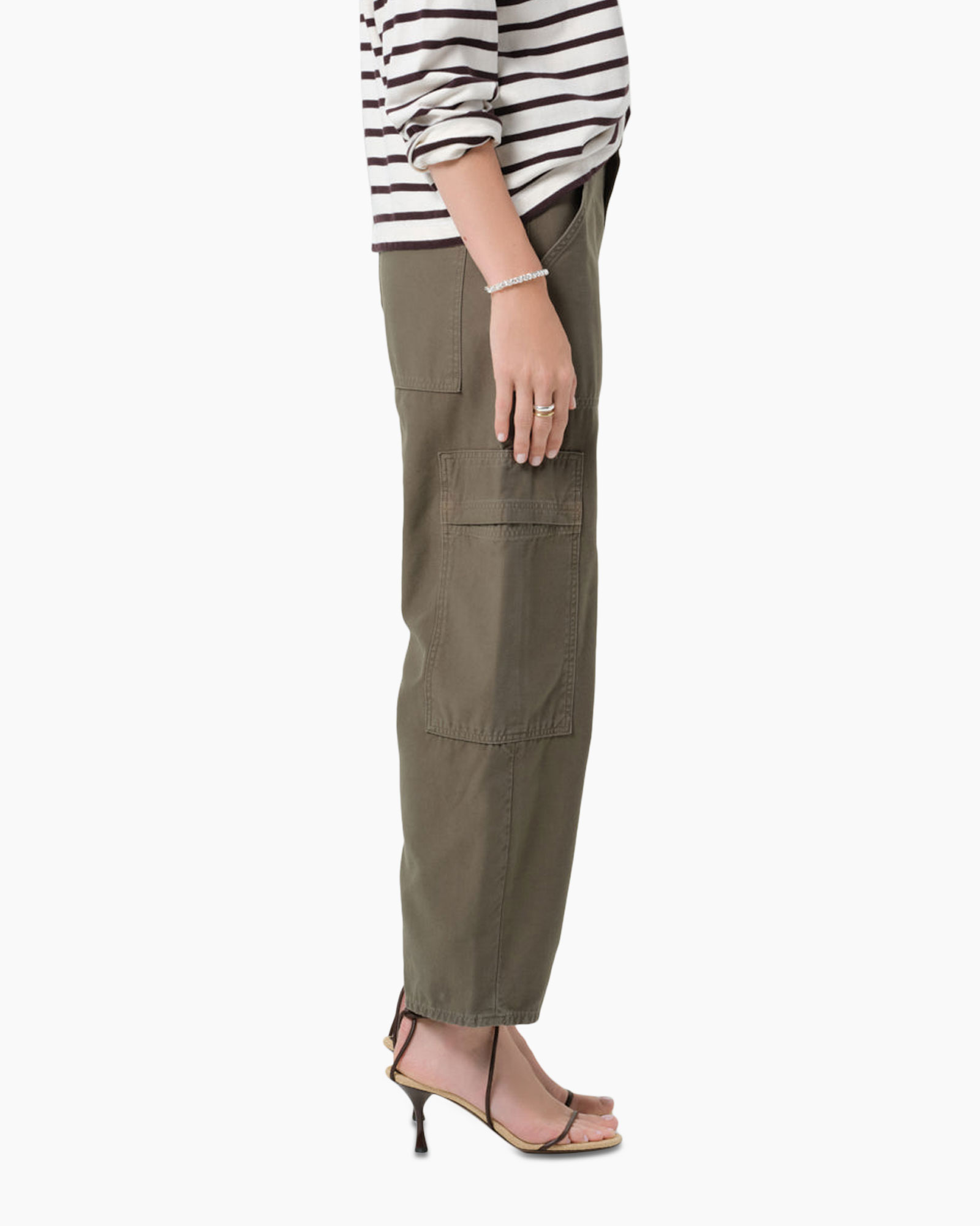 olive cargo pants, cargo pockets, ankle length, strap sandals, striped top