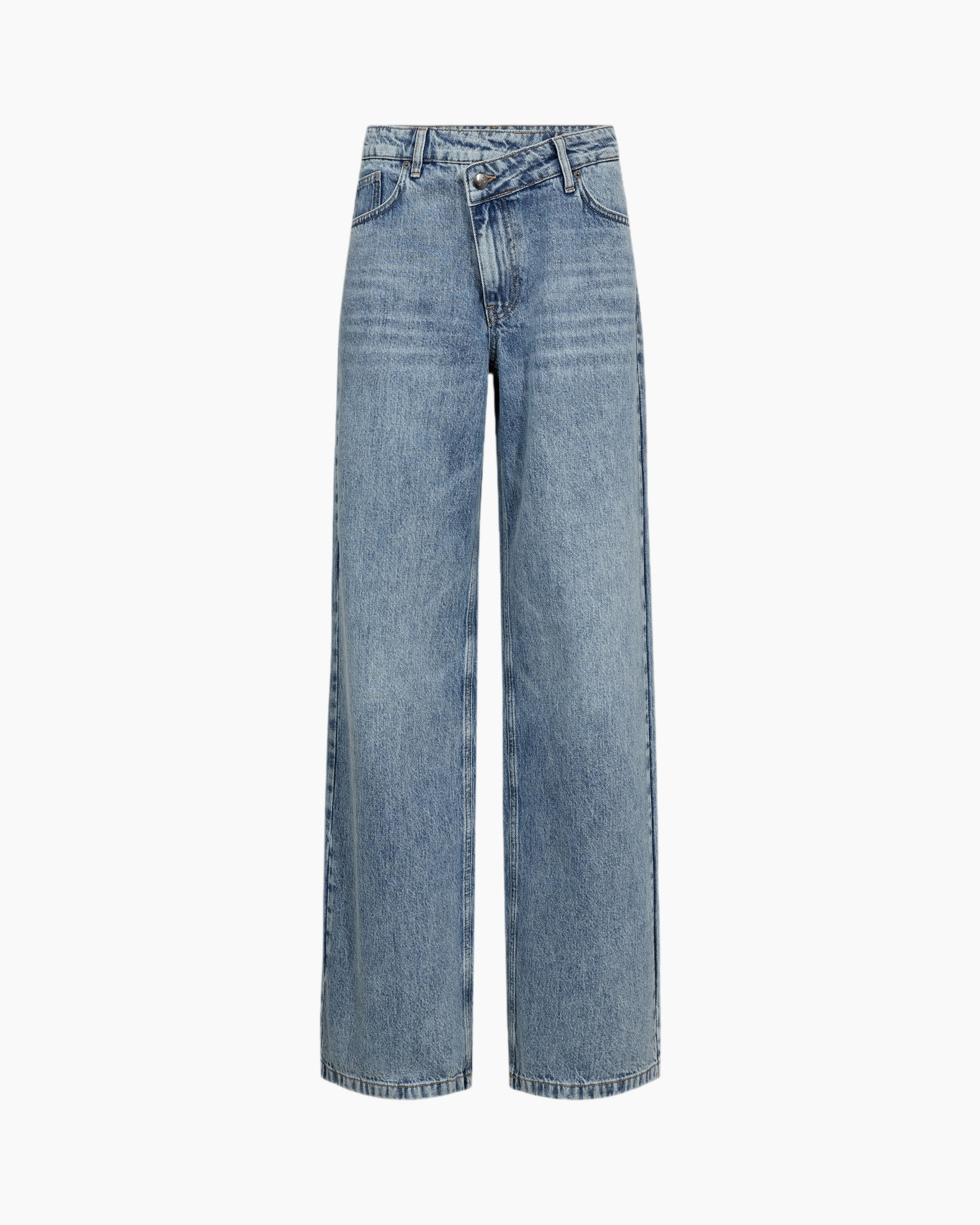 spijkerbroek, denim, wijdere pasvorm, midblauw, vijf-zakken