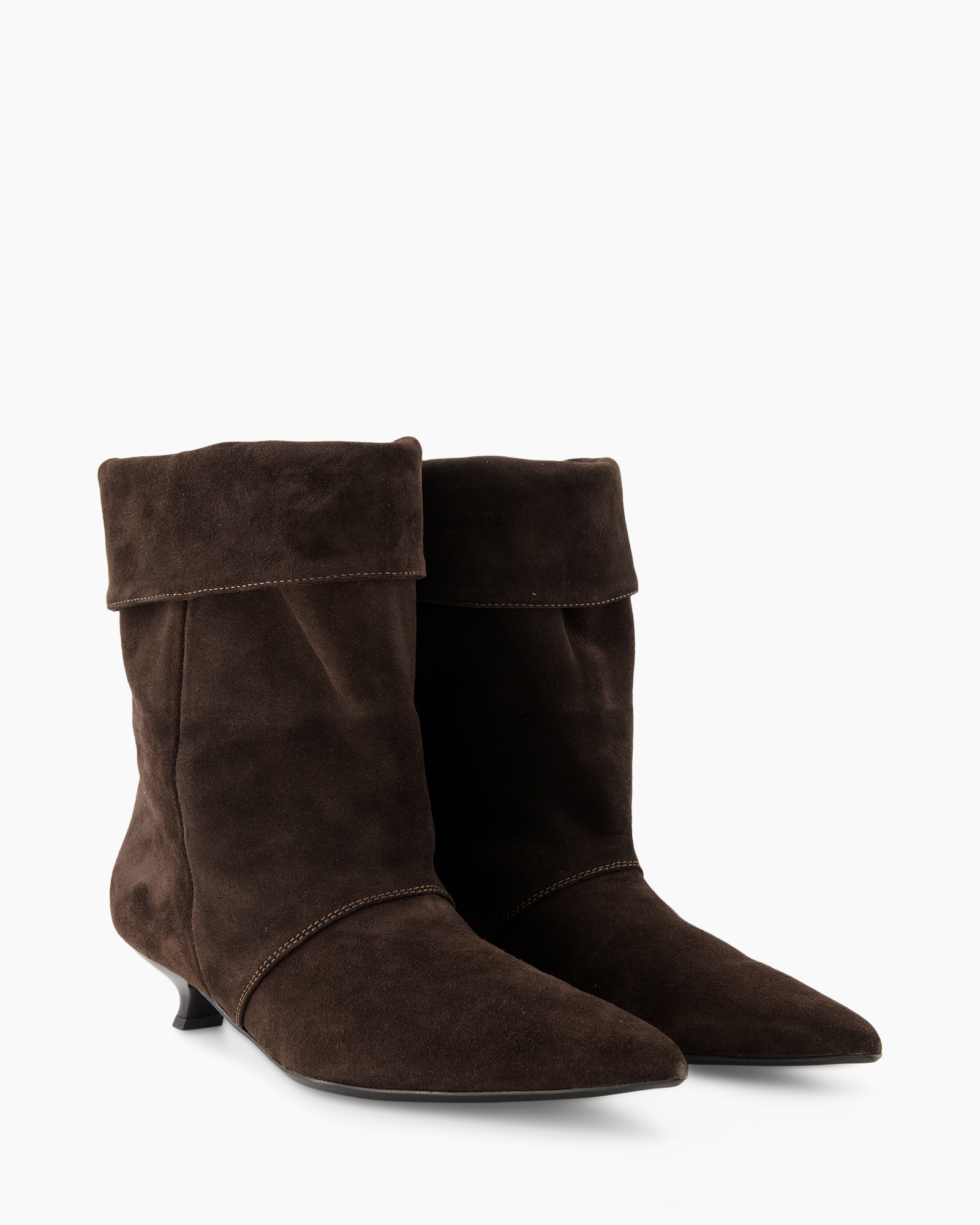 enkle laars, suede, bruin, middelhoog hak, vouw overslag