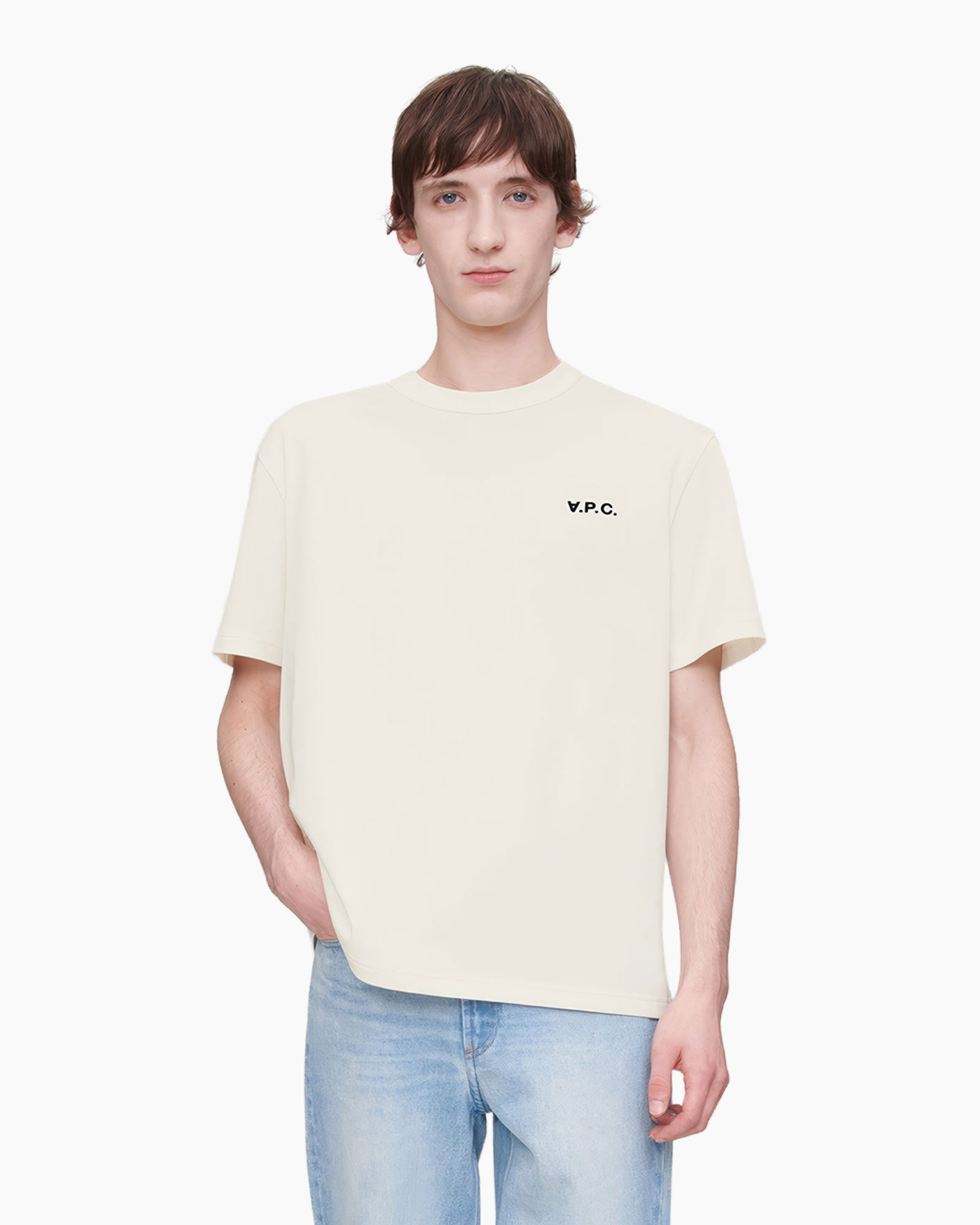 t-shirt, kraagloze ronde hals, korte mouw, beige, basis top