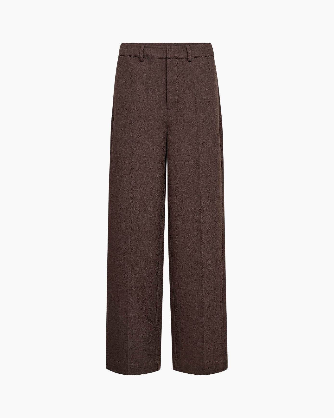 broek, pantalon, bruin, wijdbreed, voorzijde-vouw
