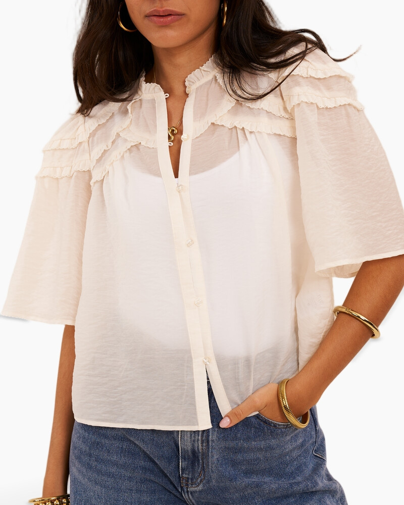 blouse, doorschijnend, frijsjes, korte-mouw, knopen