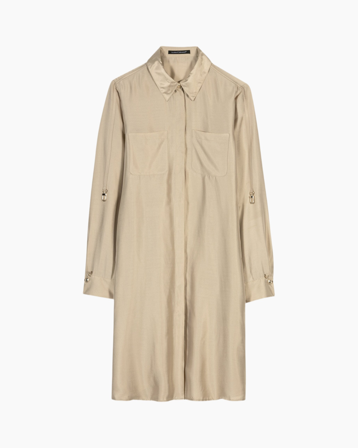 shirt dress, beige, long sleeve, collared, pocketed