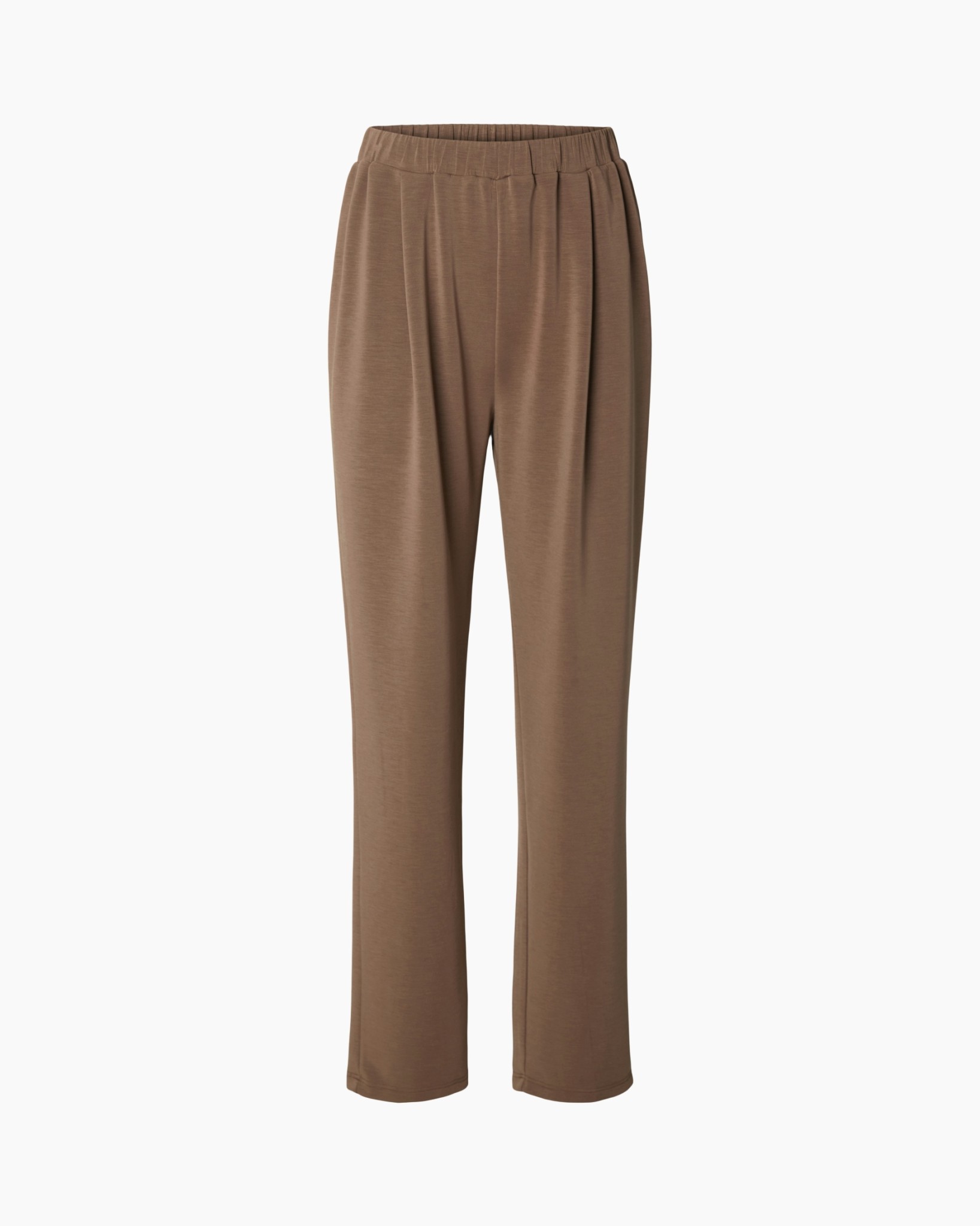 broek, broekens, bruin, elastische taille, wijd uitlopende