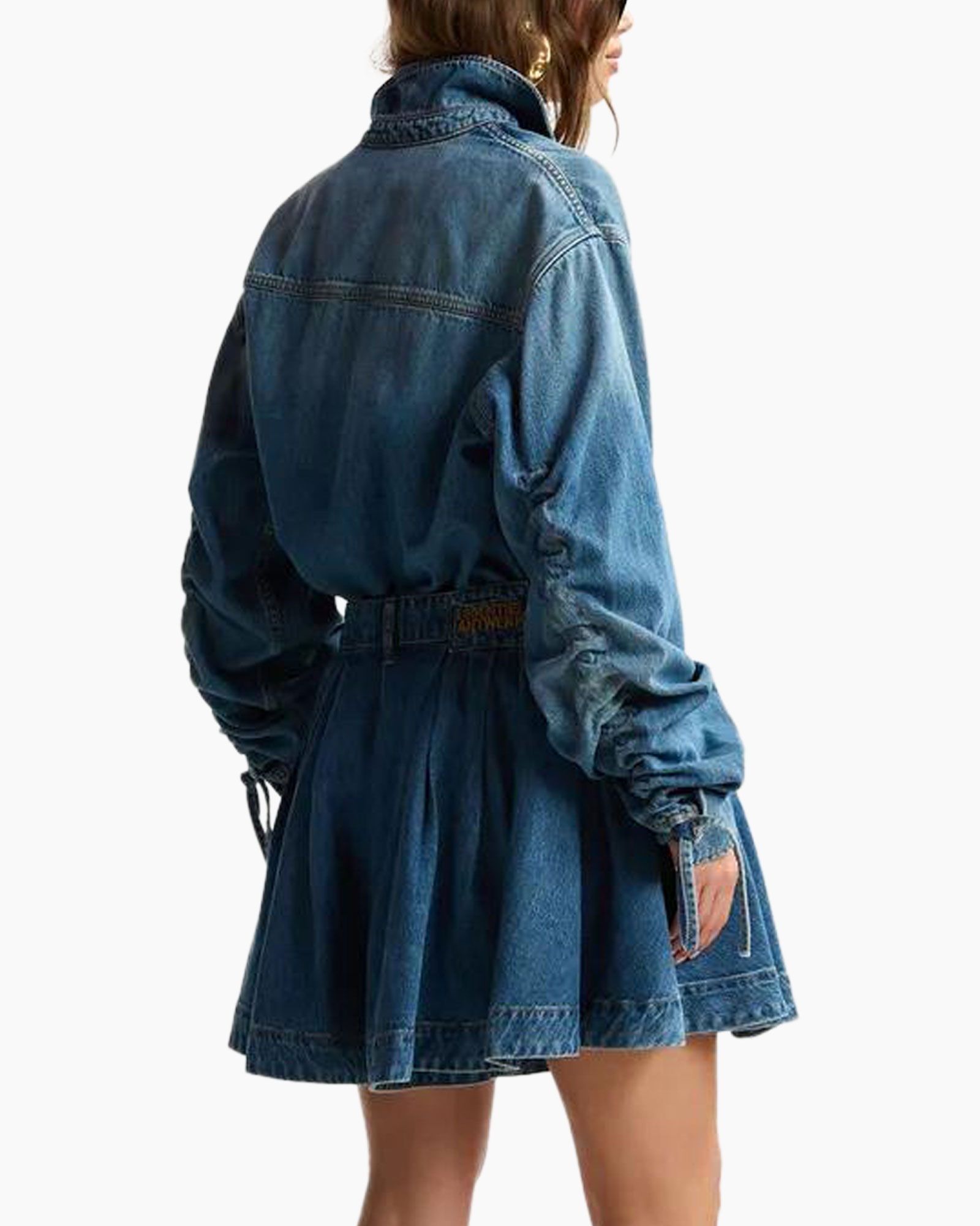denim, jurk shirt, plooikraagrok, lange mouwen, knopen