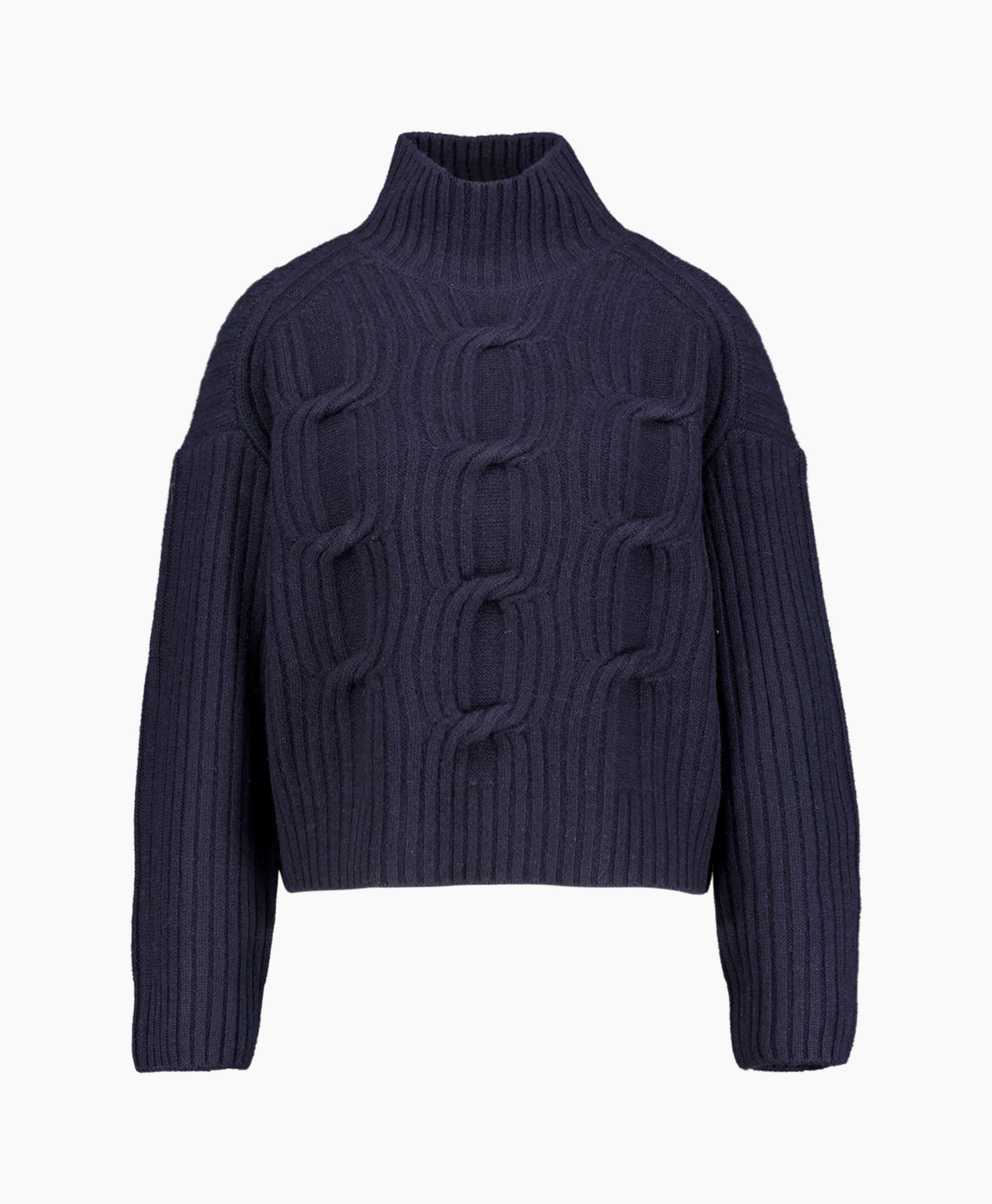gebreide trui, turtleneck, kabelbrei, donkerblauw, lange mouwen