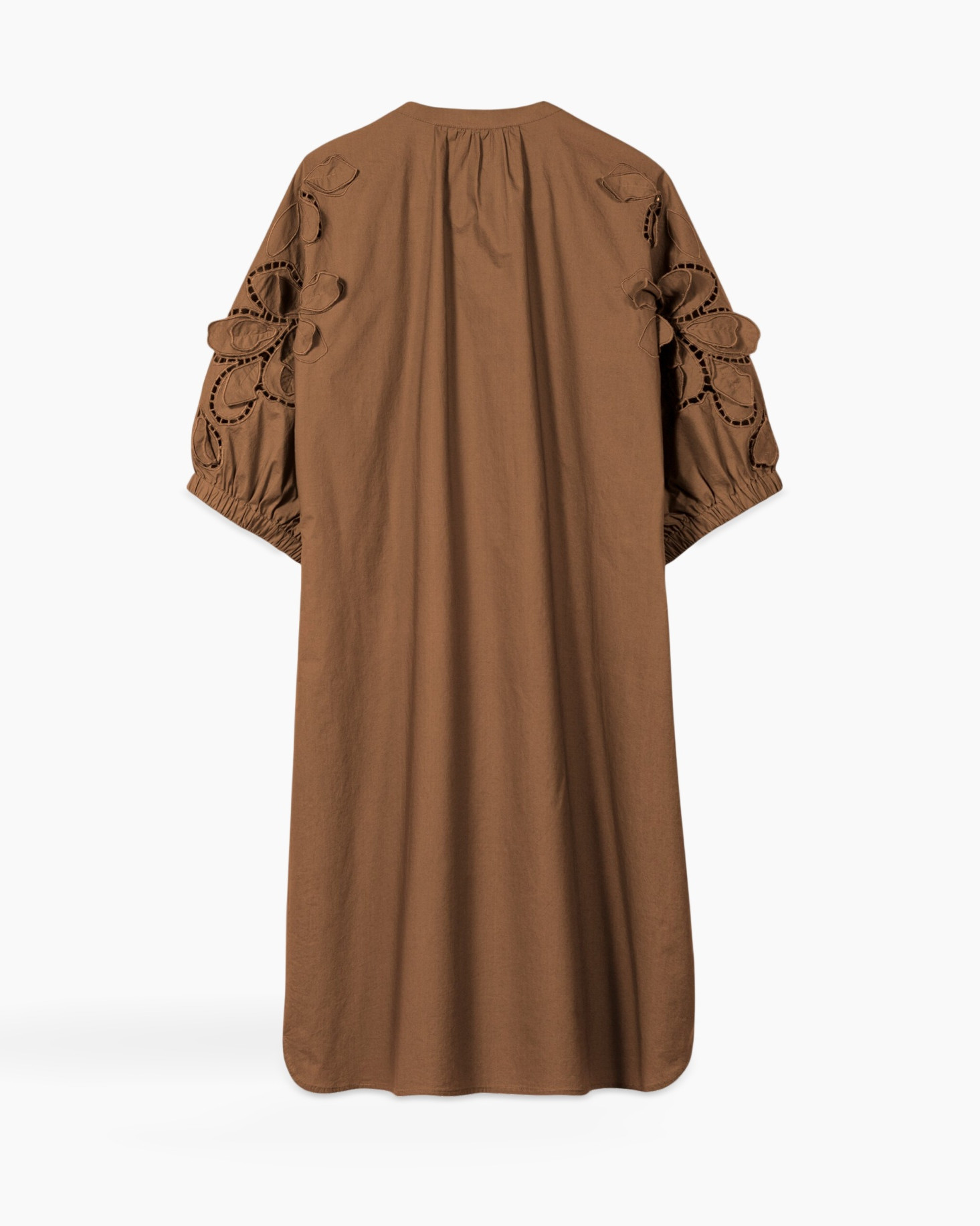 jurk, borduurd, versierd mouwen, loszittend, bruin