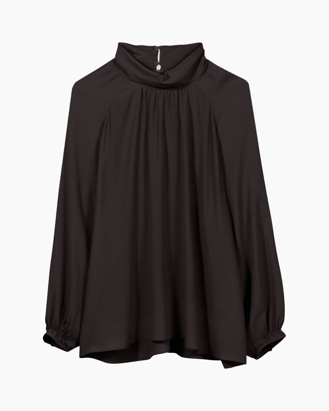 blouse, hoge hals, lange mouwen, plooien, donkerbruin