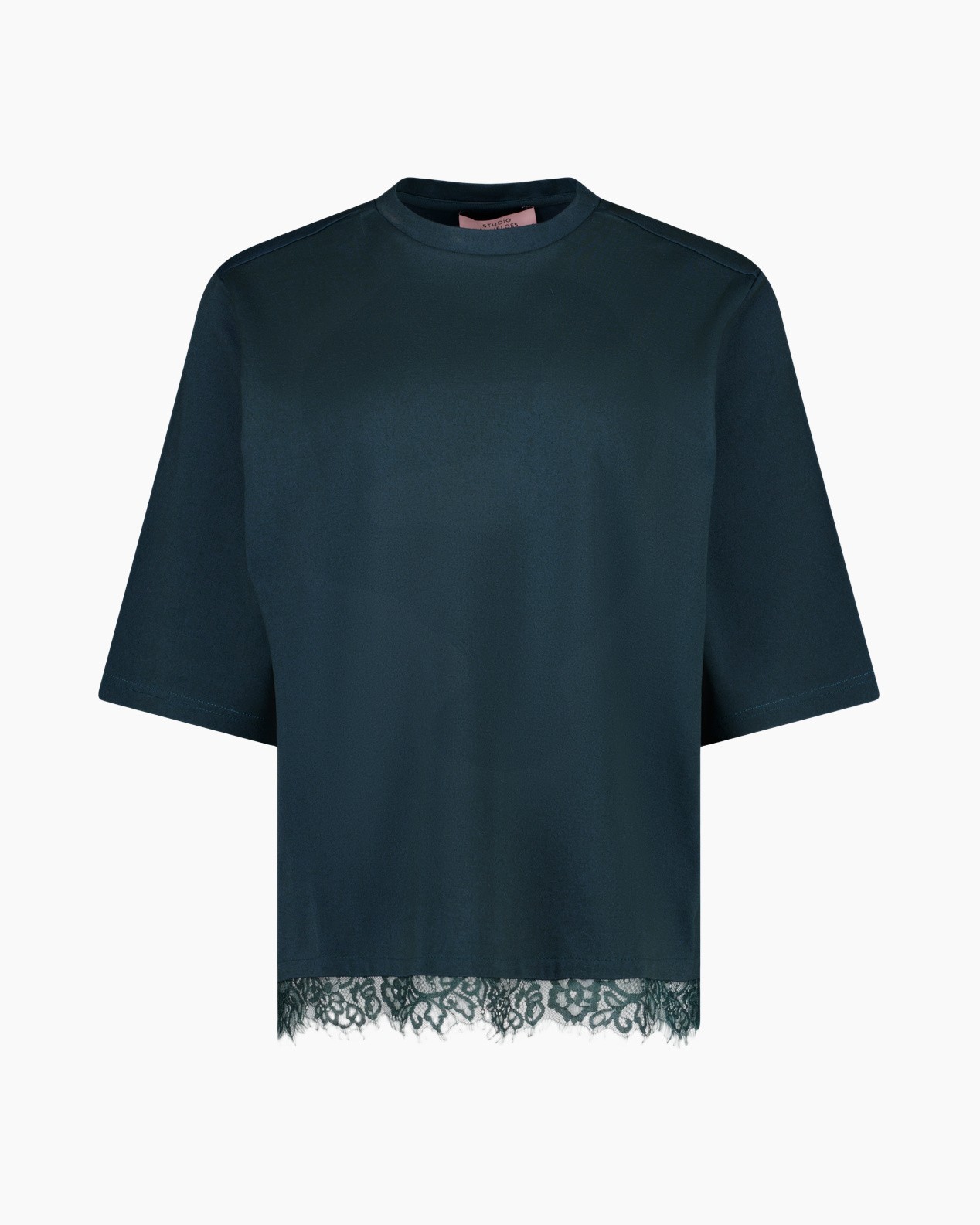 top, blouse, korte mouwen, kantzoom, effen kleur