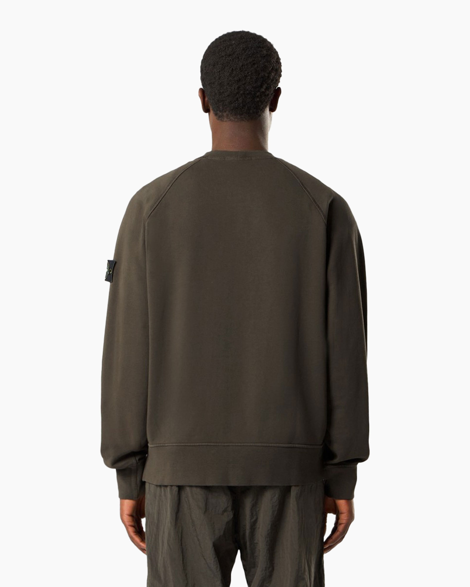 sweatshirt, zicht achterkant, olijfkleur, raglanmouwen, ribboord zoom