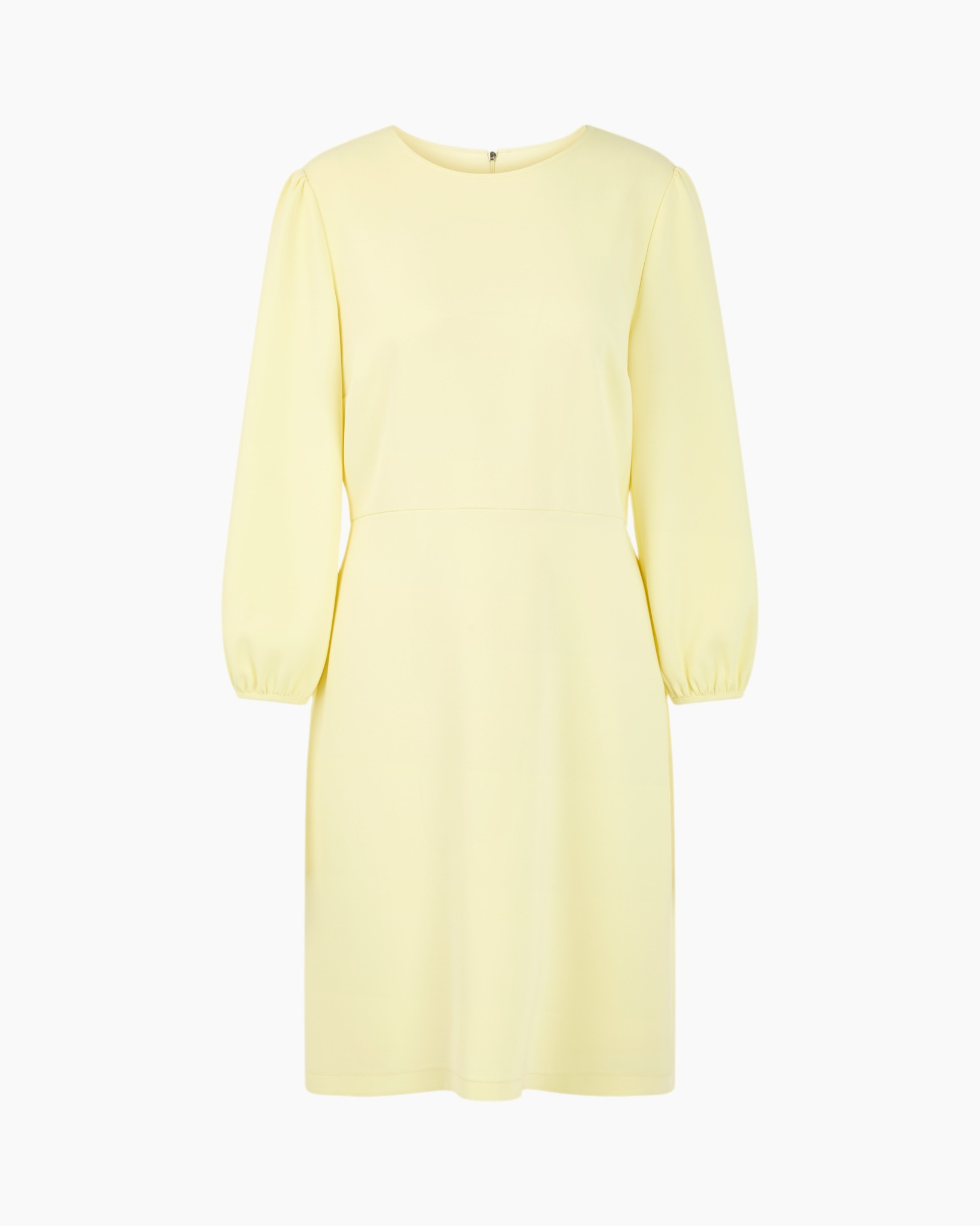 jurk, korte mouwen, pastelgeel, knielengte, rond hals