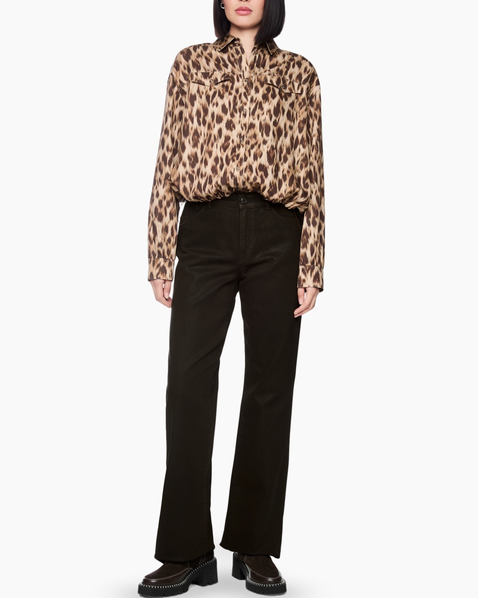luipaardprint, knopen-down, lange mouw, blouse, broek