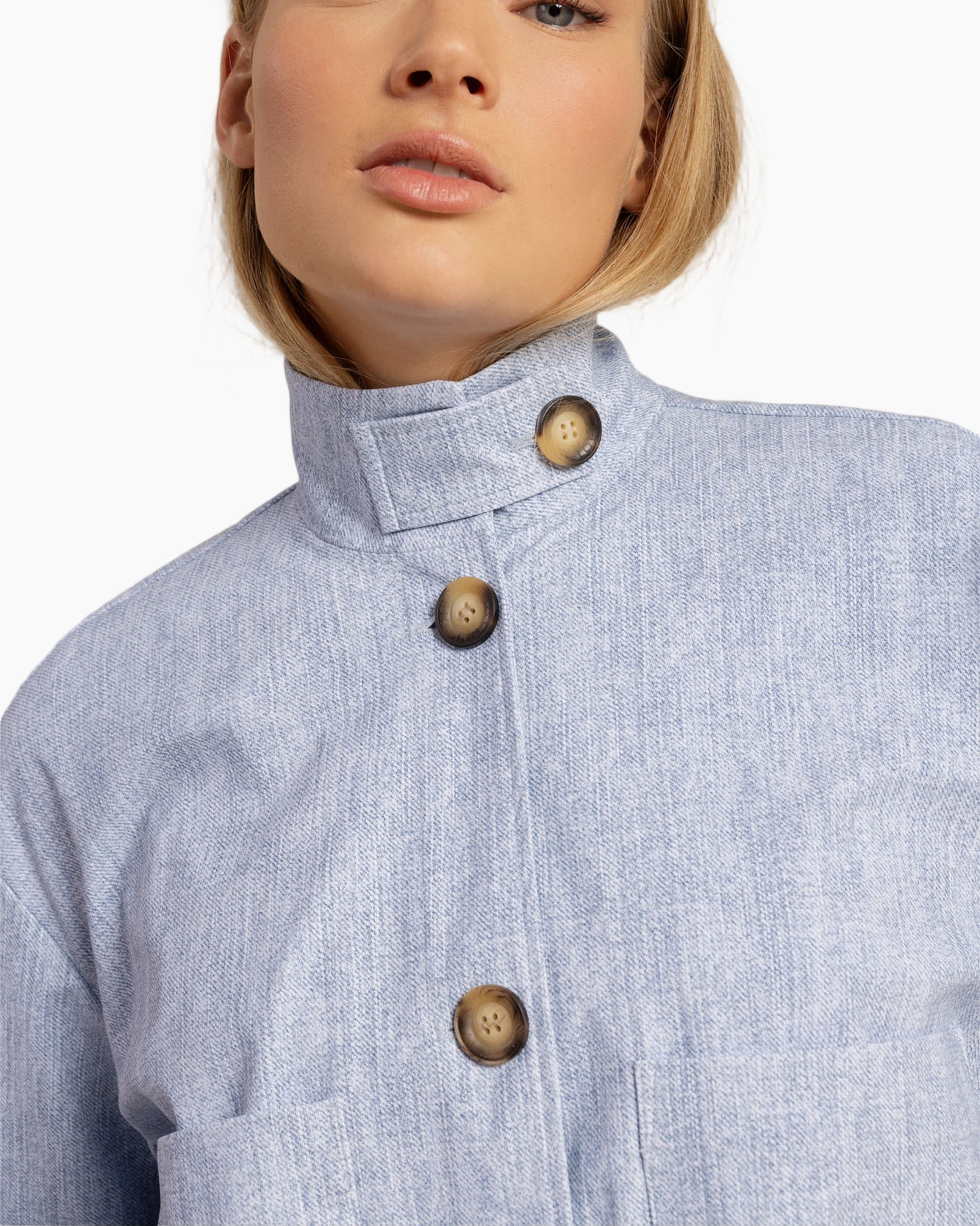 linnen, jas, geknoopte, kraag, lichtblauw