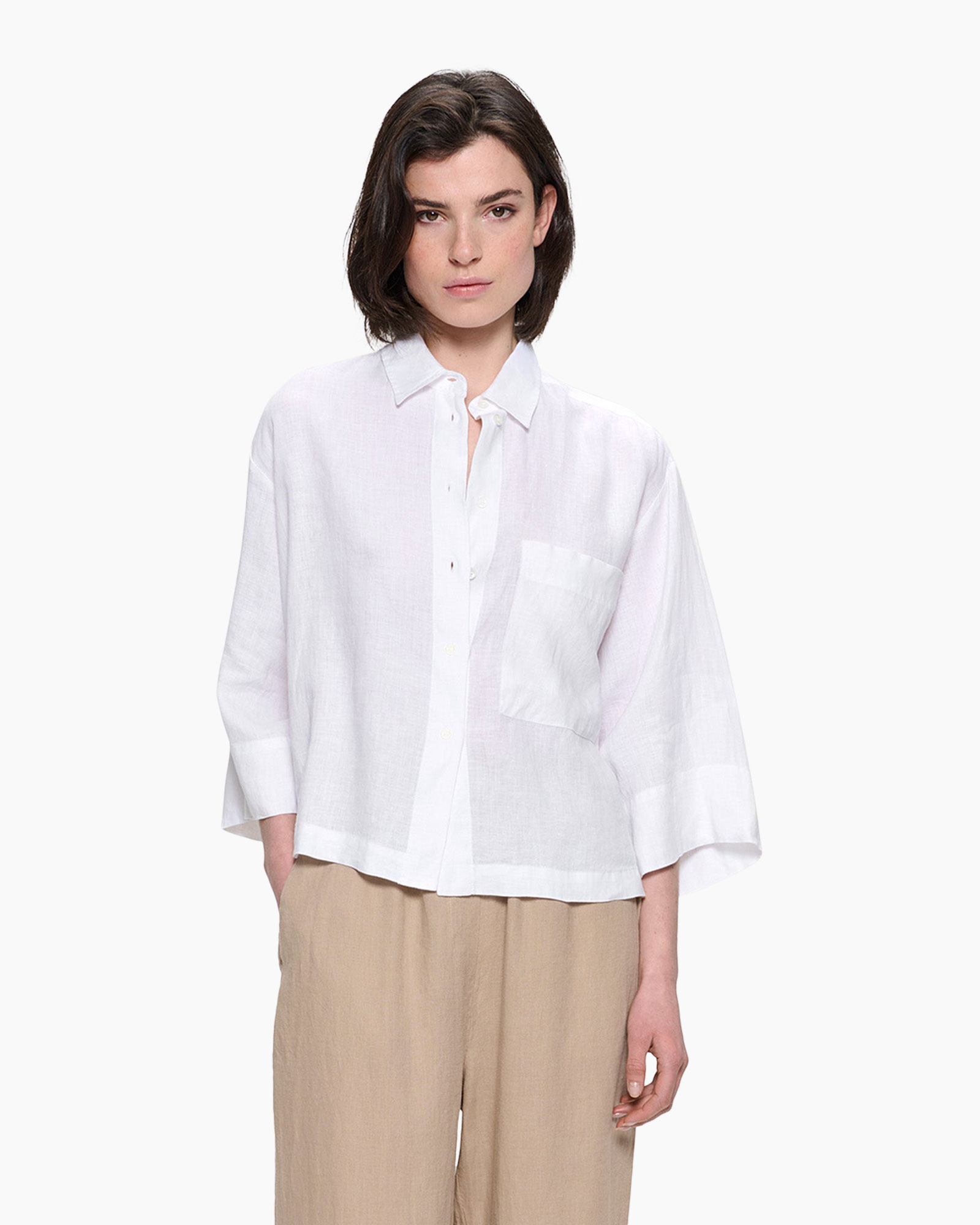 white shirt, linen shirt, button-down, long sleeve, pocket shirt
