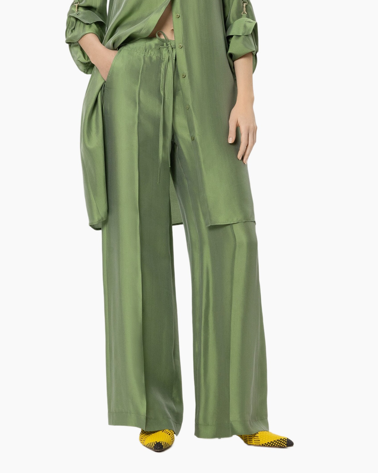 groen, broeken, wijd uitlopend, silk, touwsluiting