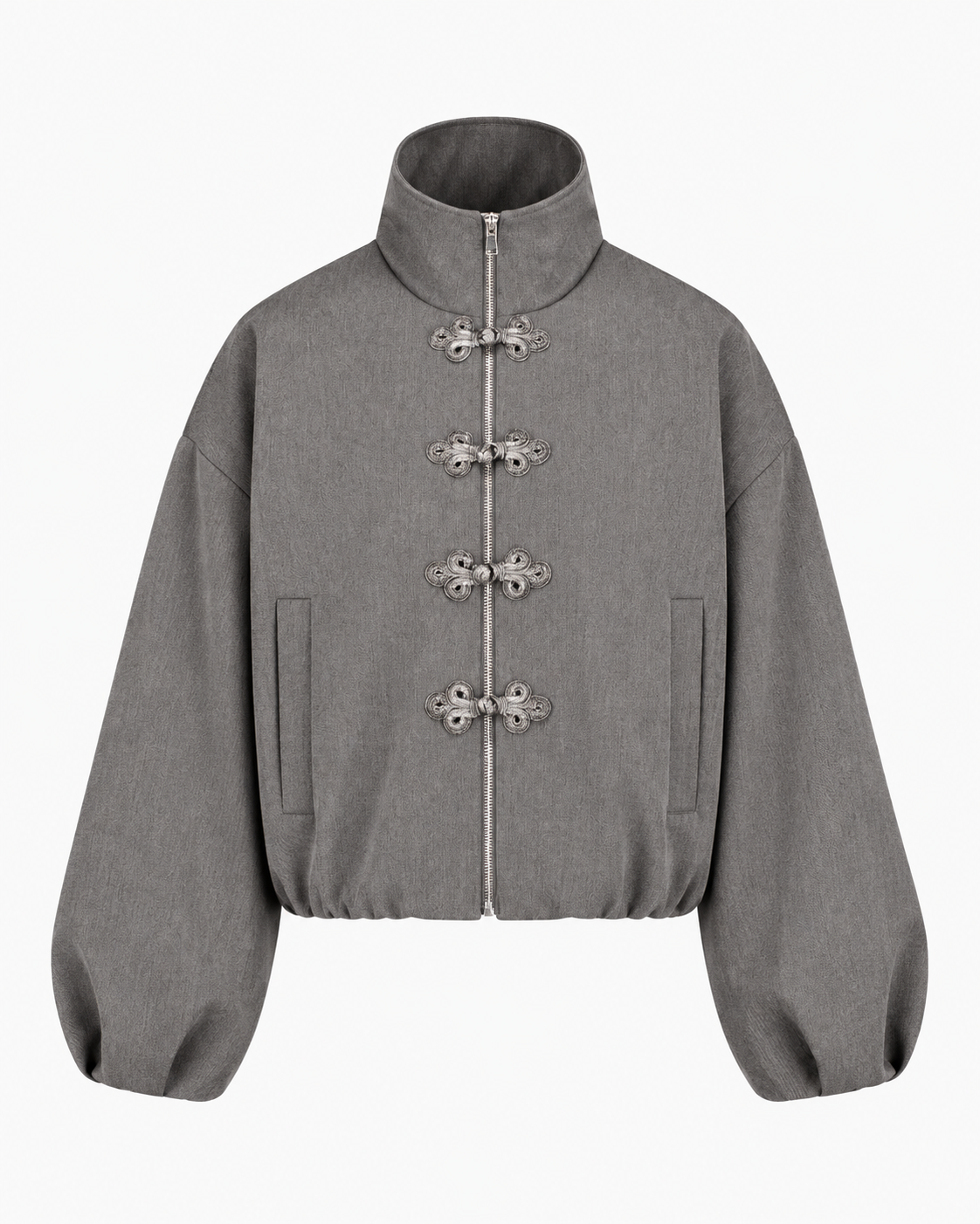 grijs, jacke, pofmouwen, knoopsluiting, staand kraag
