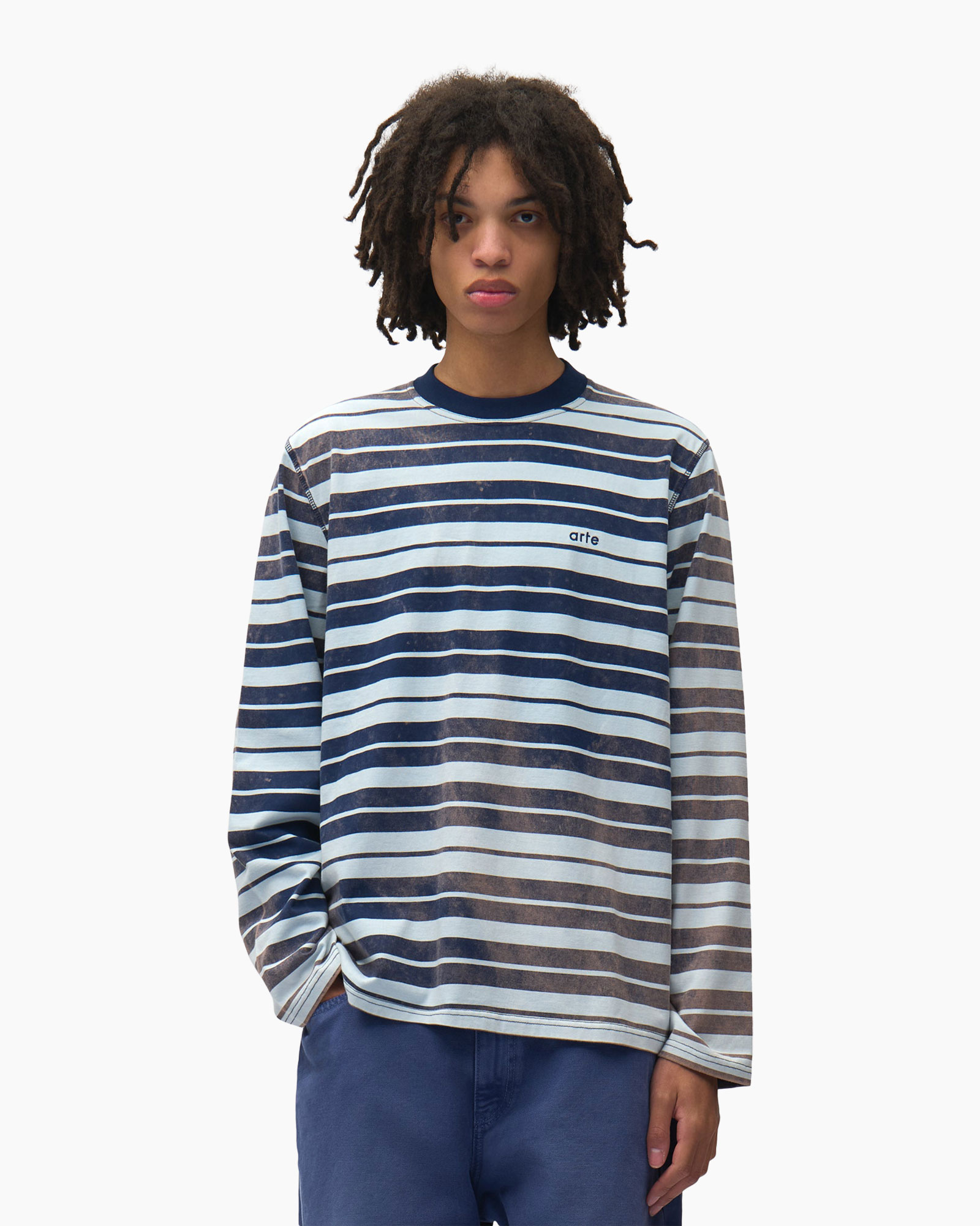 hemd met strepen, lange mouw, rond hals, blauwe tinten, casual top