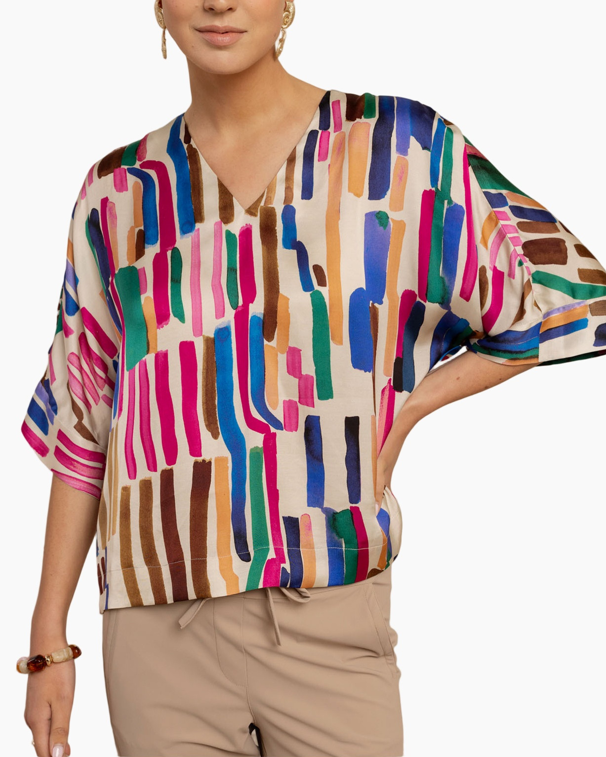 blouse, print, short-sleeve, v-neck, multicolor