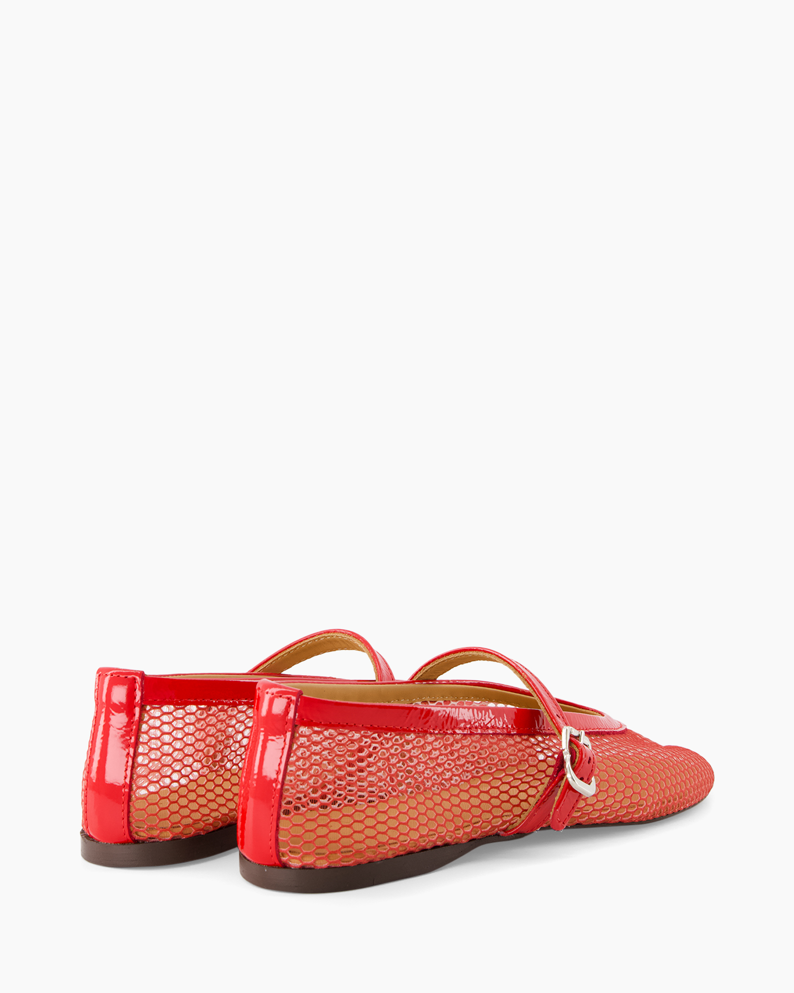 ballet flats, red, mesh, glossy, strap