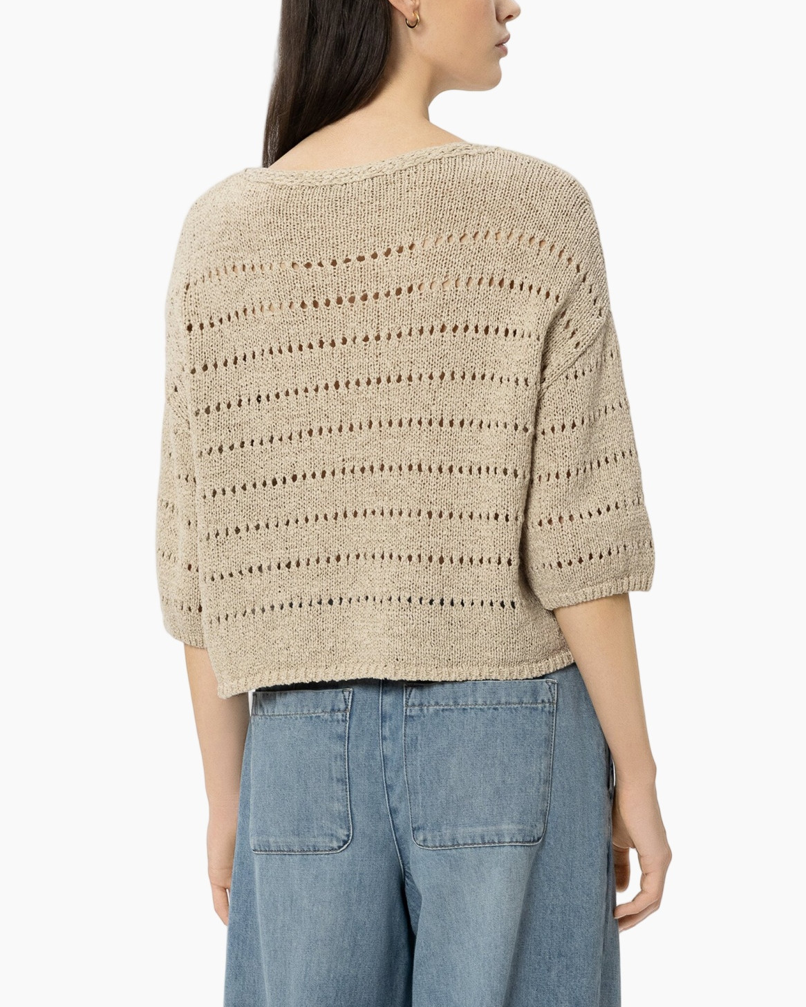 knit sweater, beige, loose fit, textured knit, three-quarter sleeves