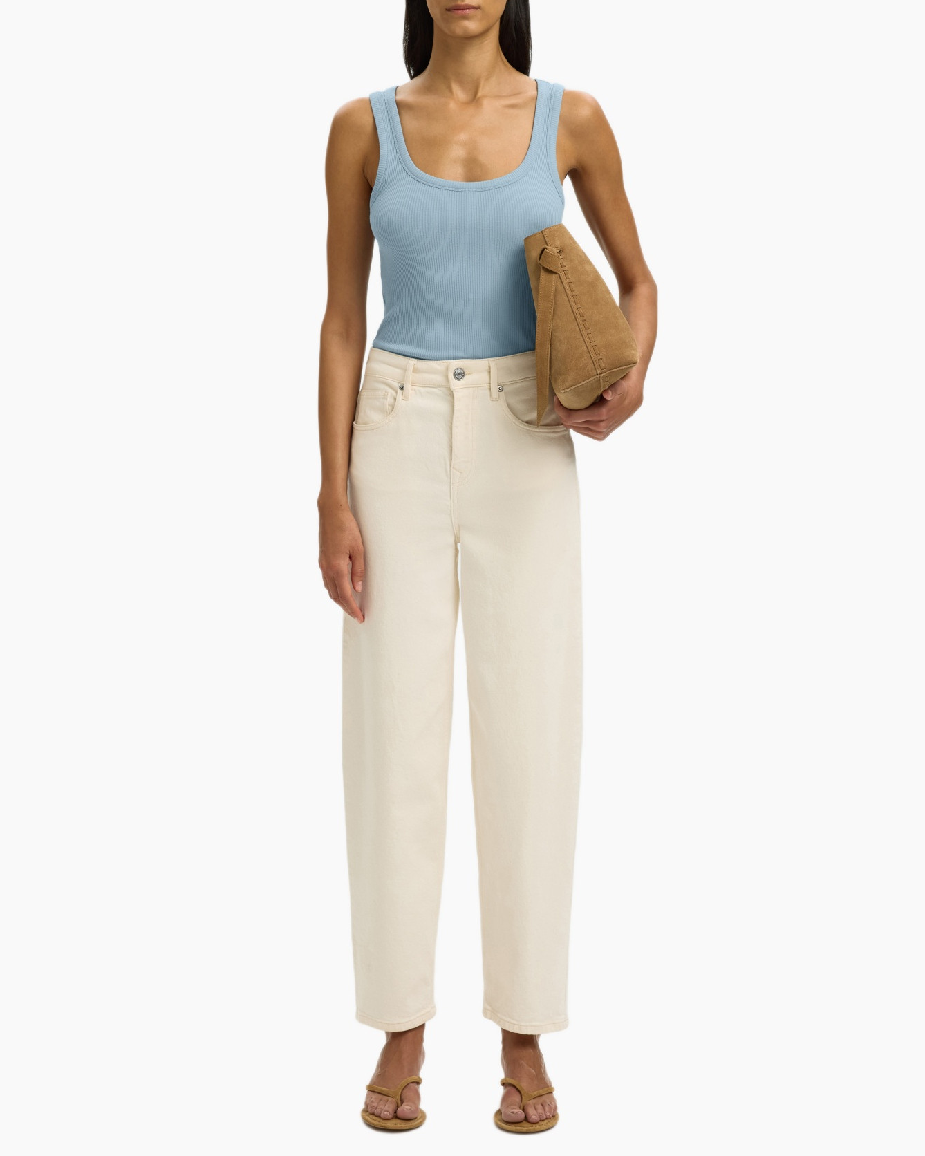 tank top, blue top, ribbed knit, beige pants, sandals