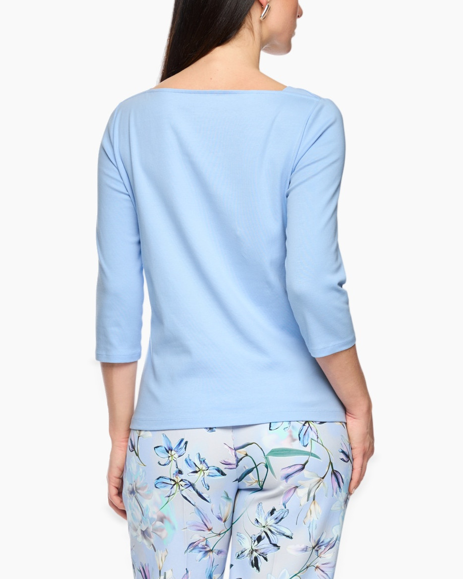 lichtblauwe top, driekwartmouwen, effen kleur, dames blouse, ronde hals
