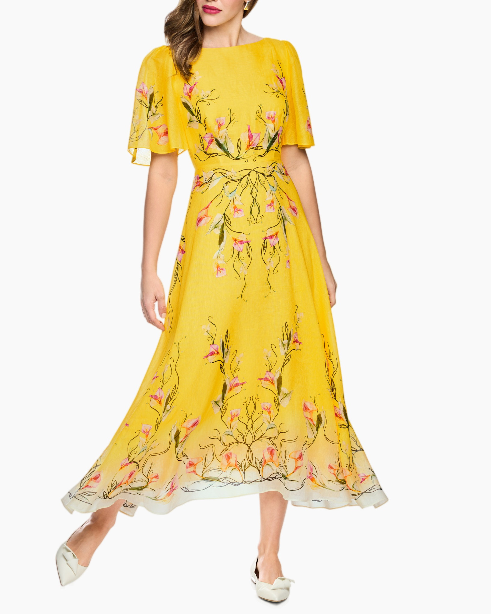 jurk, geel, bloemenpatroon, middellange lengte, feestelijke rand