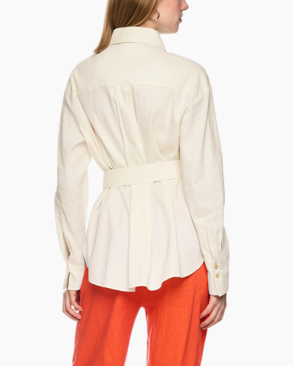 linen shirt, belted shirt, collared shirt, pocketed shirt, long-sleeve