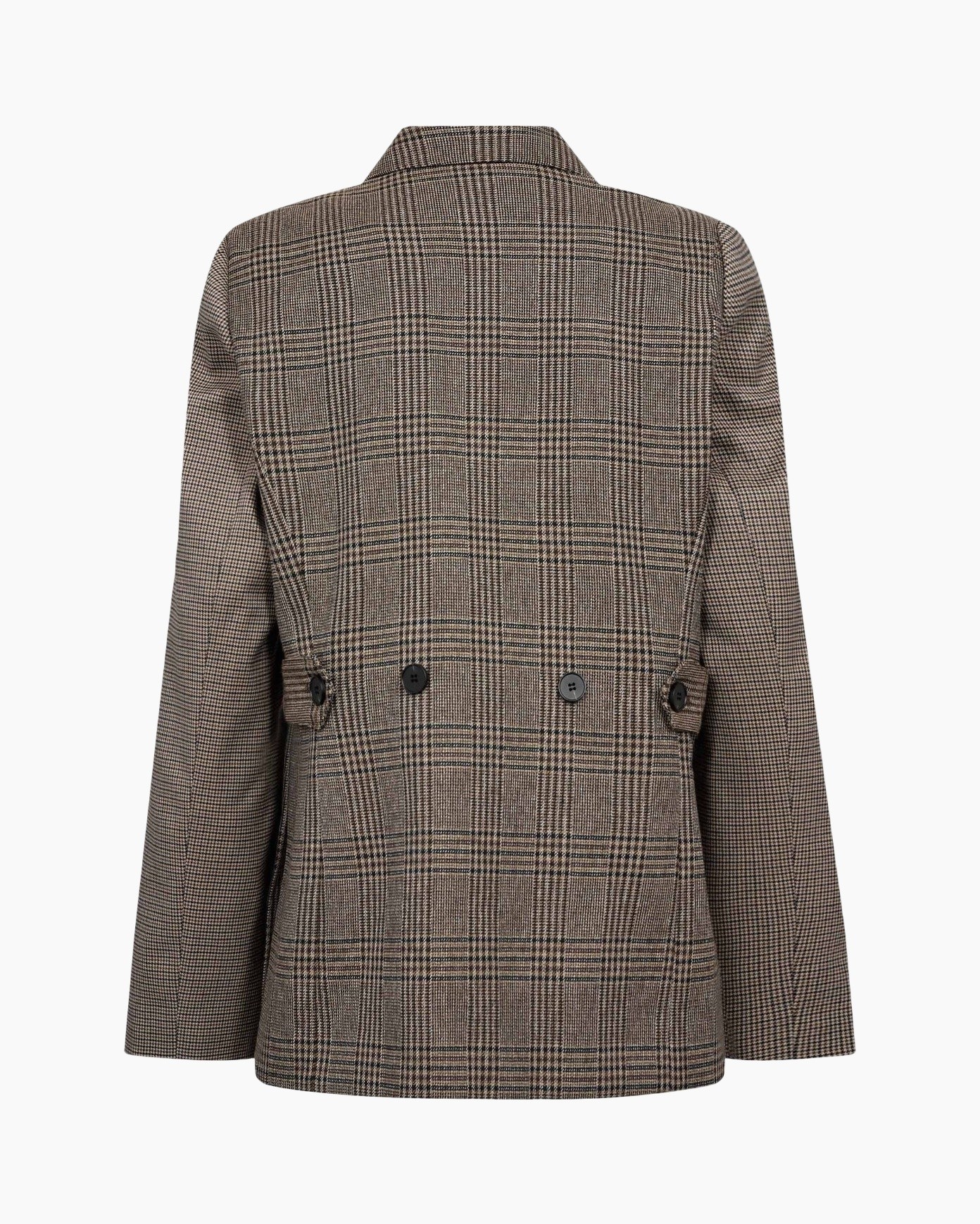 blazer, ruitjes, goud, knopen, bruin