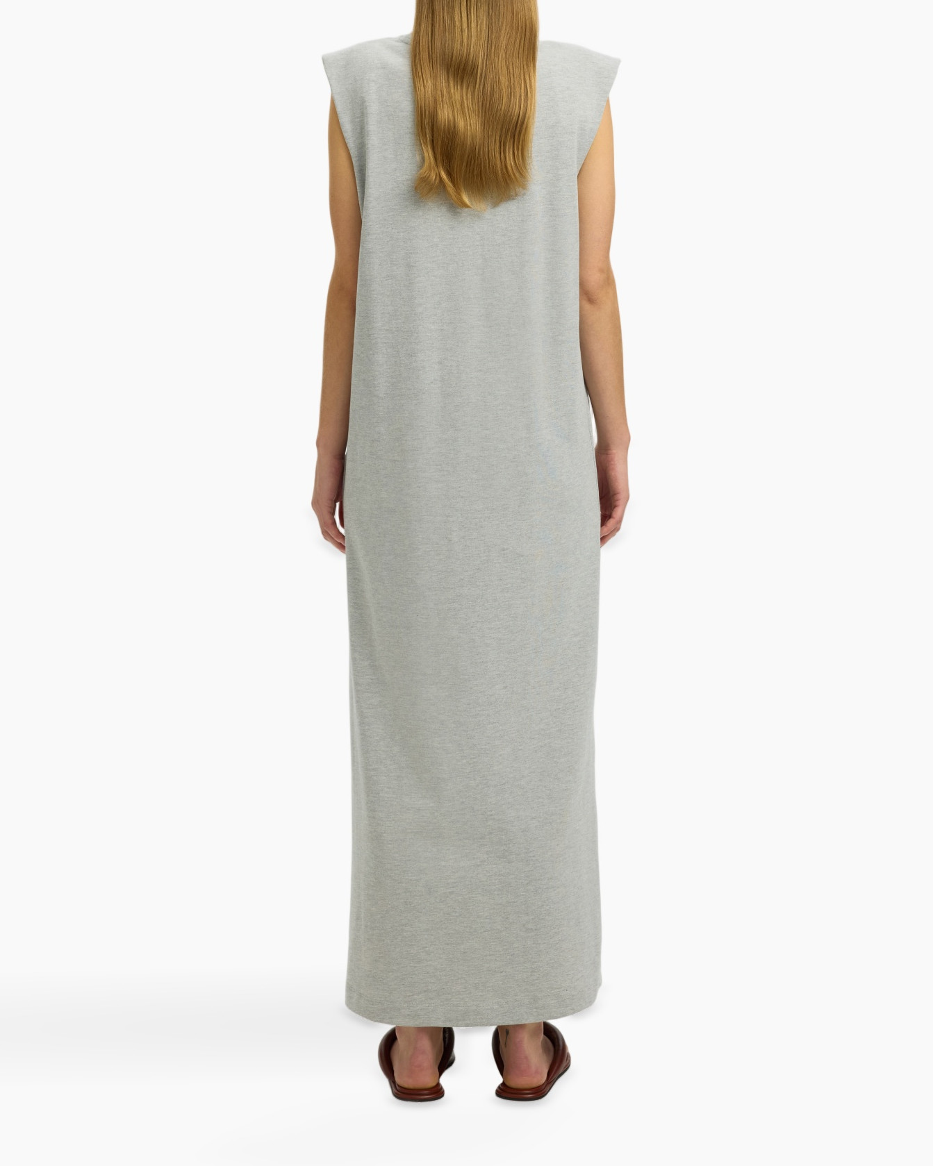 long dress, sleeveless, gray, maxi length, knit fabric