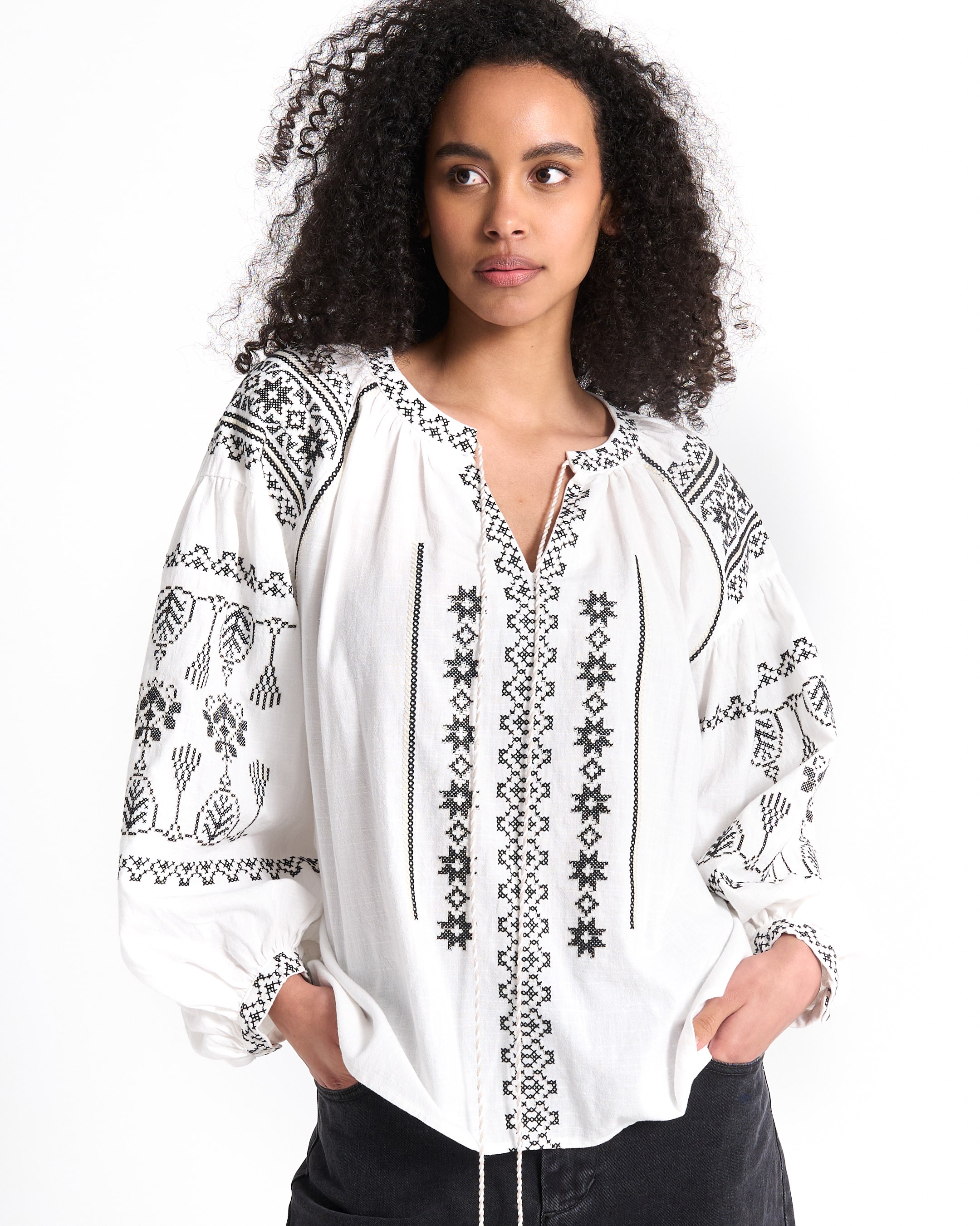 blouse, borduursel, wit, boerenstijl, lange mouwen