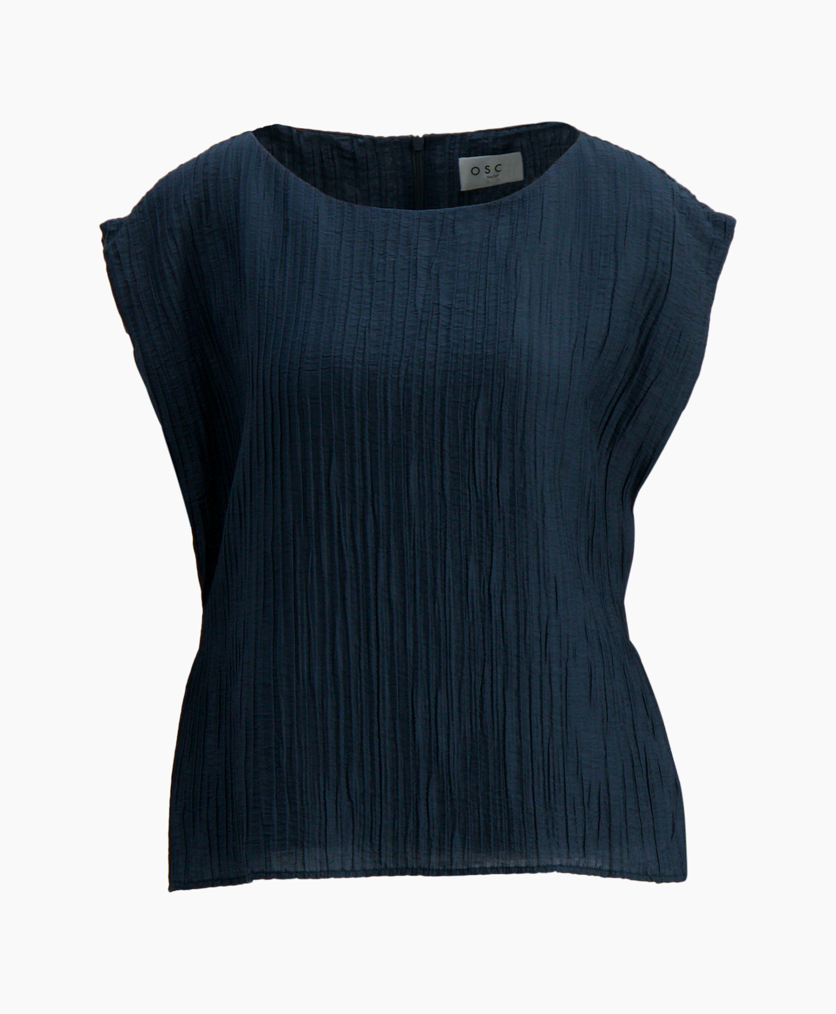 top, blouse, navy, crinkled, sleeveless