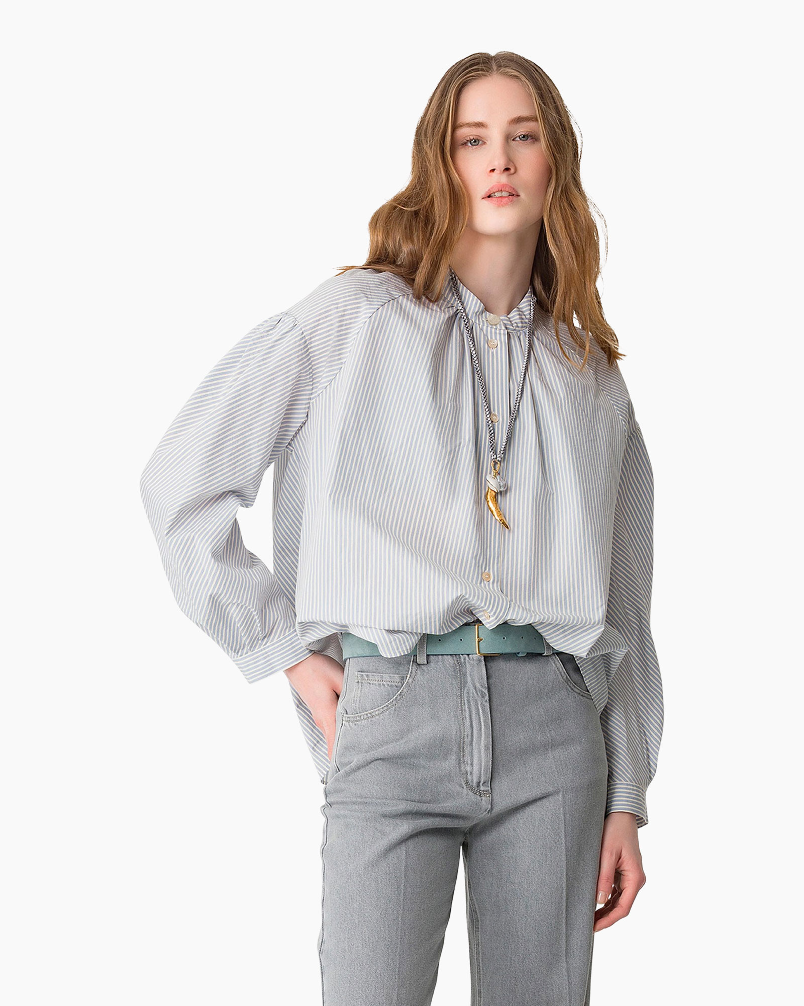 Blouse Froisse Cotton Stripe Bohemian Licht Blauw