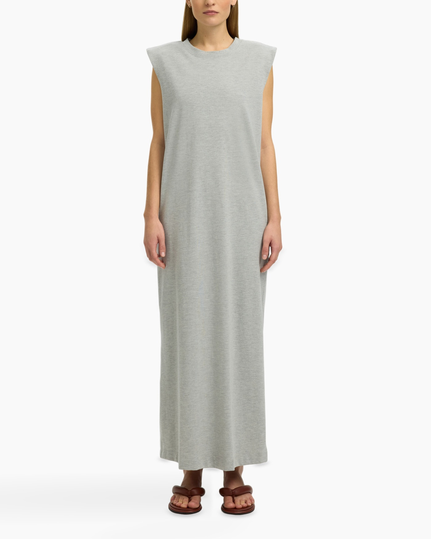 long dress, sleeveless, gray, maxi length, knit fabric