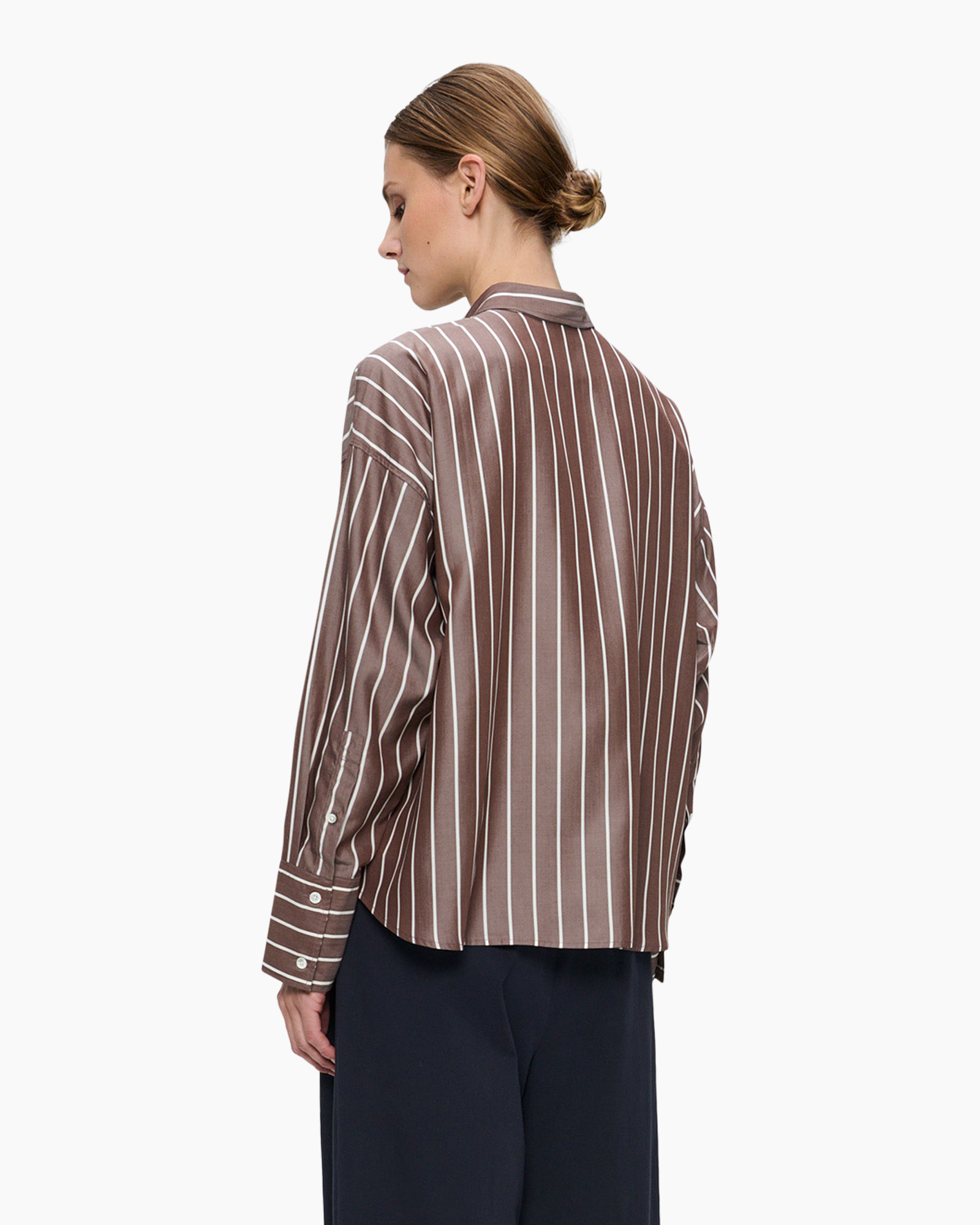 Blouse Tencel Stripe Boxy Donker Bruin