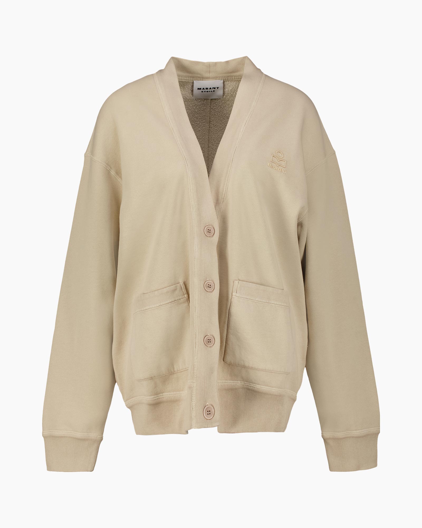 cardigan, beige, knopen, zakken, breisel