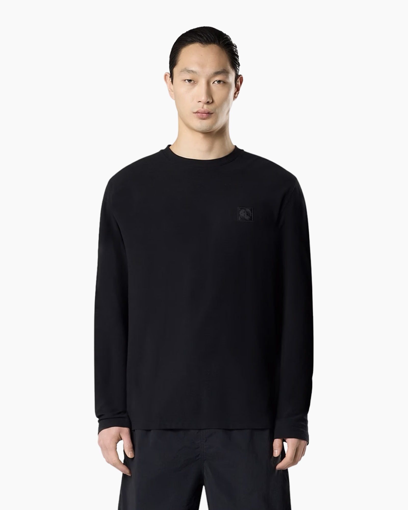 langermouw, zwart, kraagloze, effen, kleine-logo