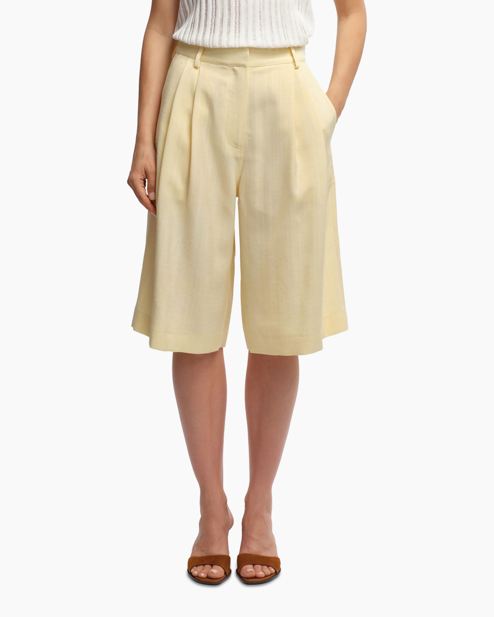shorts, wide-leg, linen, beige, knee-length