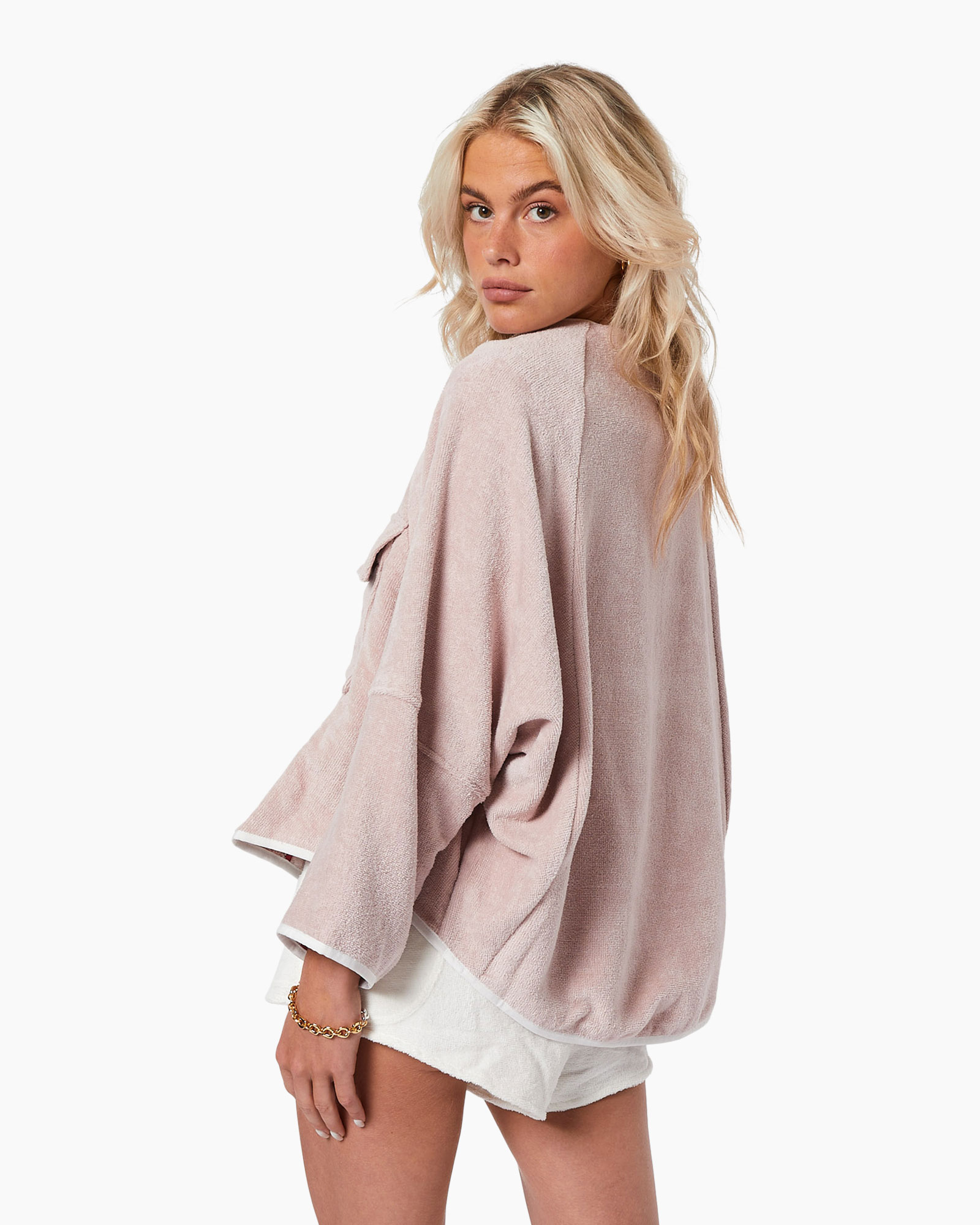 cardigan, pink, loose, gold buttons, pockets