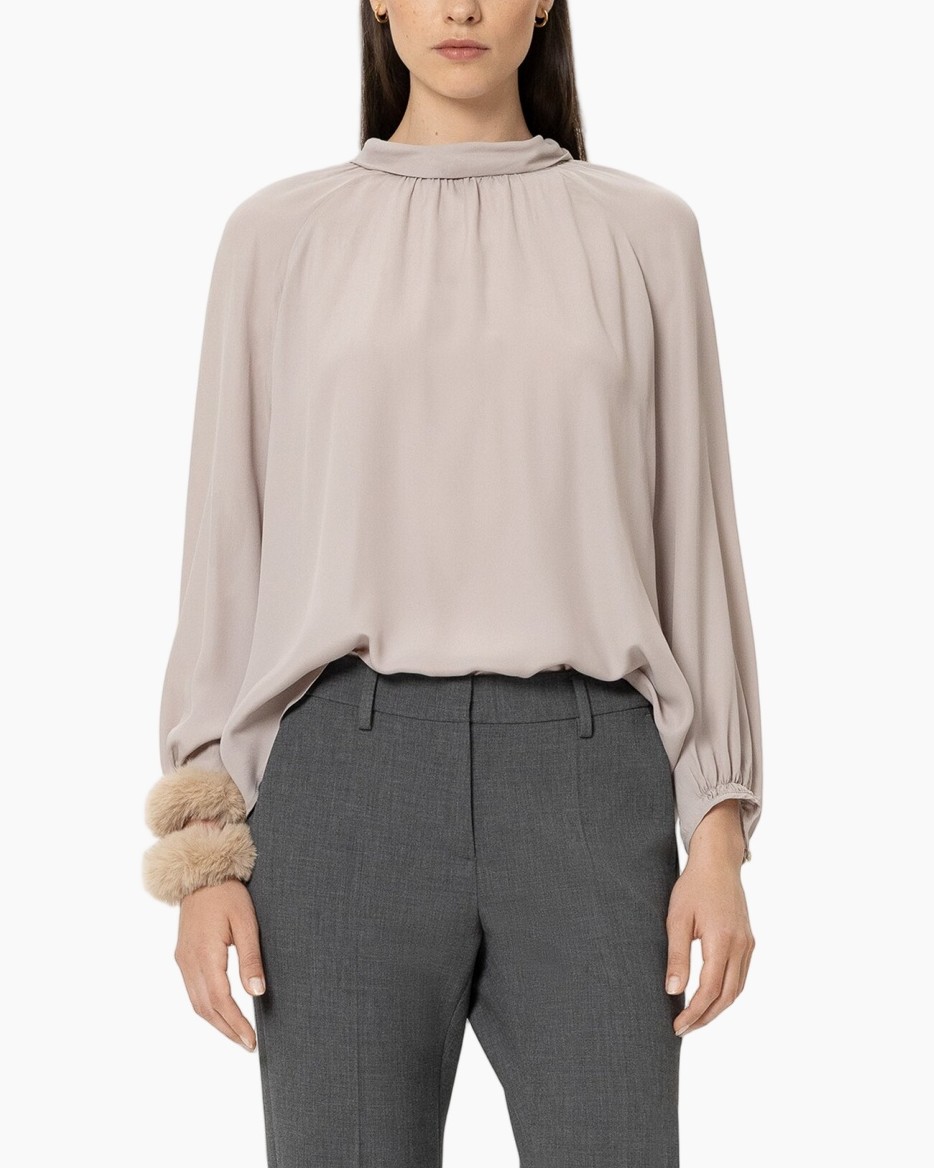 blouse, lange mouwen, hoge kraag, beige, vachtboord
