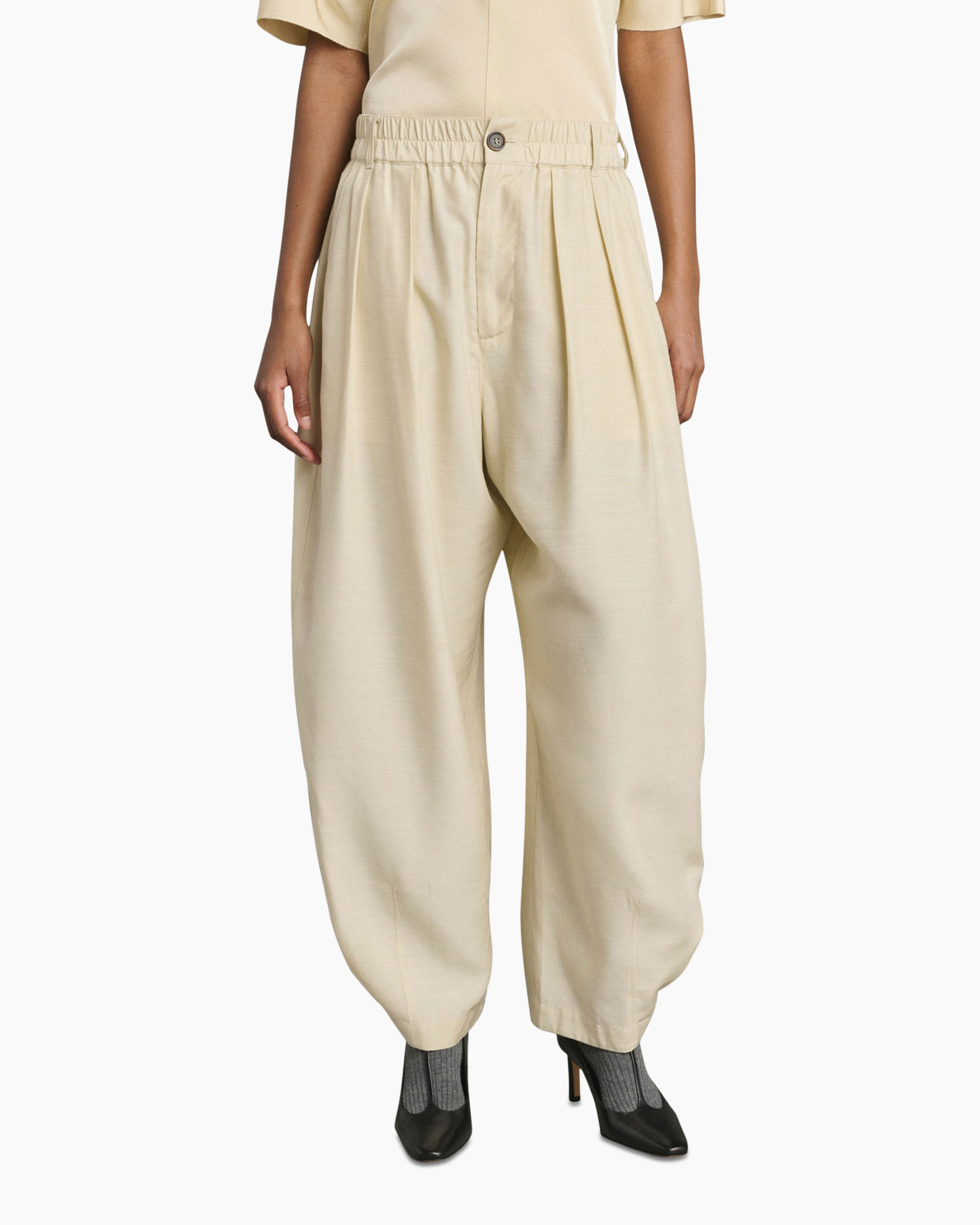 broek, beige, elastische-taille, plooien, losse-fit