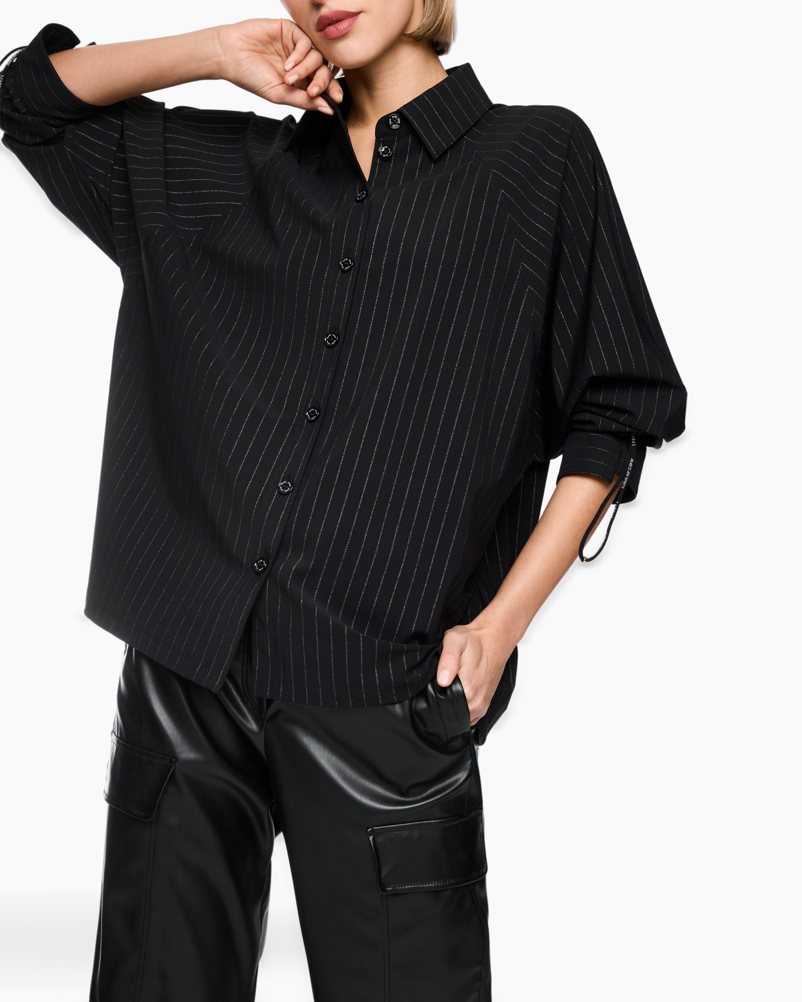 blouse, knopen-overhemden, streep, losvallend, zwart