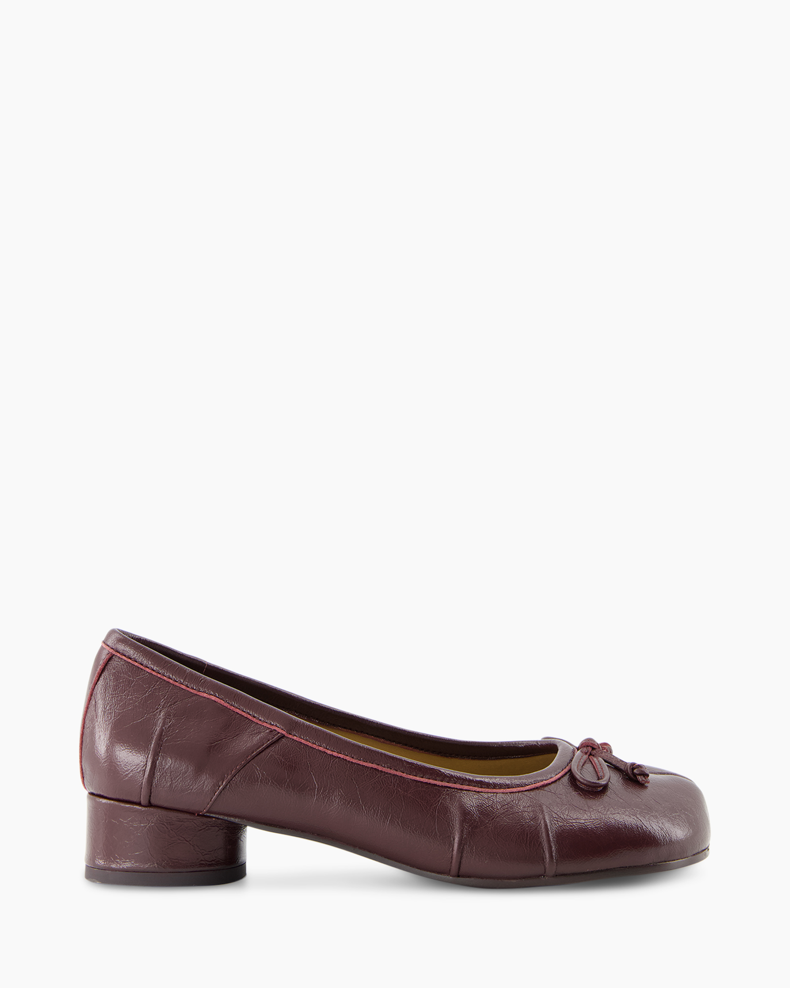 damestap, ballet pump, lage hak, bordeaux, leer