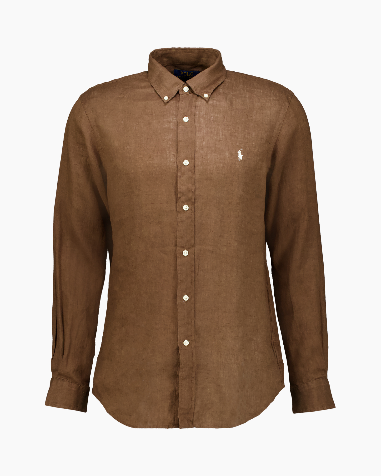 linnen, knopen-down, lange mouwen, bruin, polo-logo